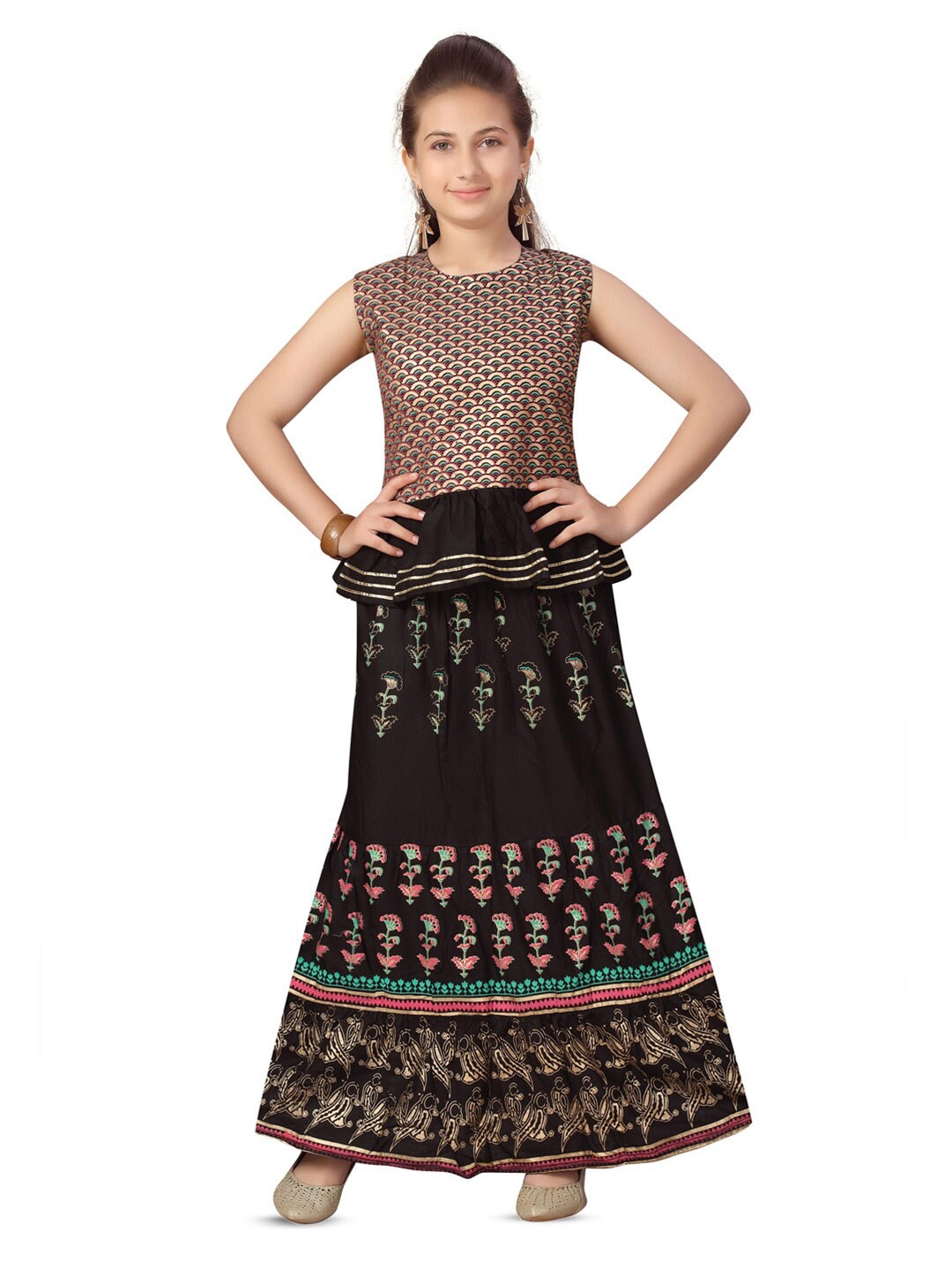 

BAESD Girls Printed Sleeveless Ready to Wear Lehenga Choli, Black