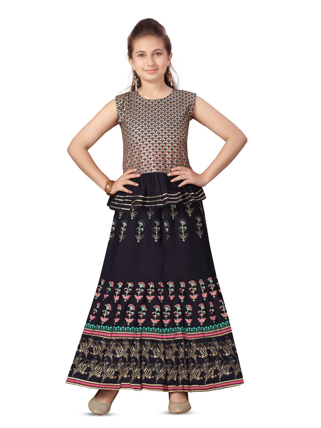 

BAESD Girls Ethnic Motifs Printed Cotton Lehenga Choli, Navy blue
