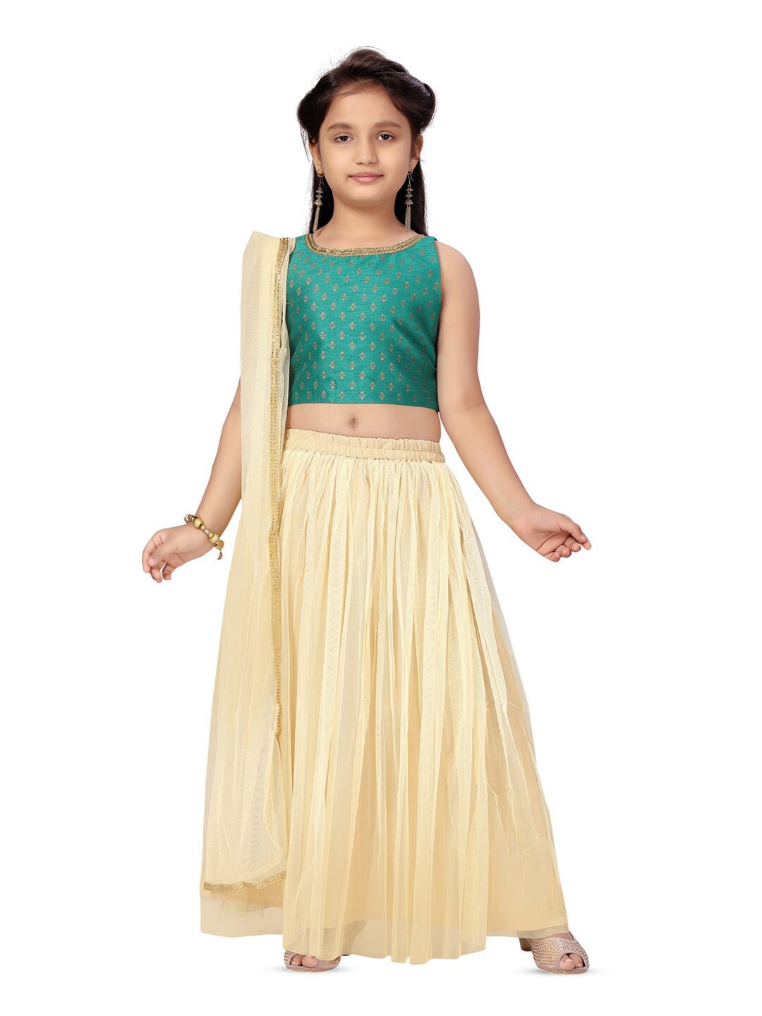 

BAESD Girls Ethnic Motifs Printed Gotta Patti Ready to Wear Lehenga & Blouse With Dupatta, Green