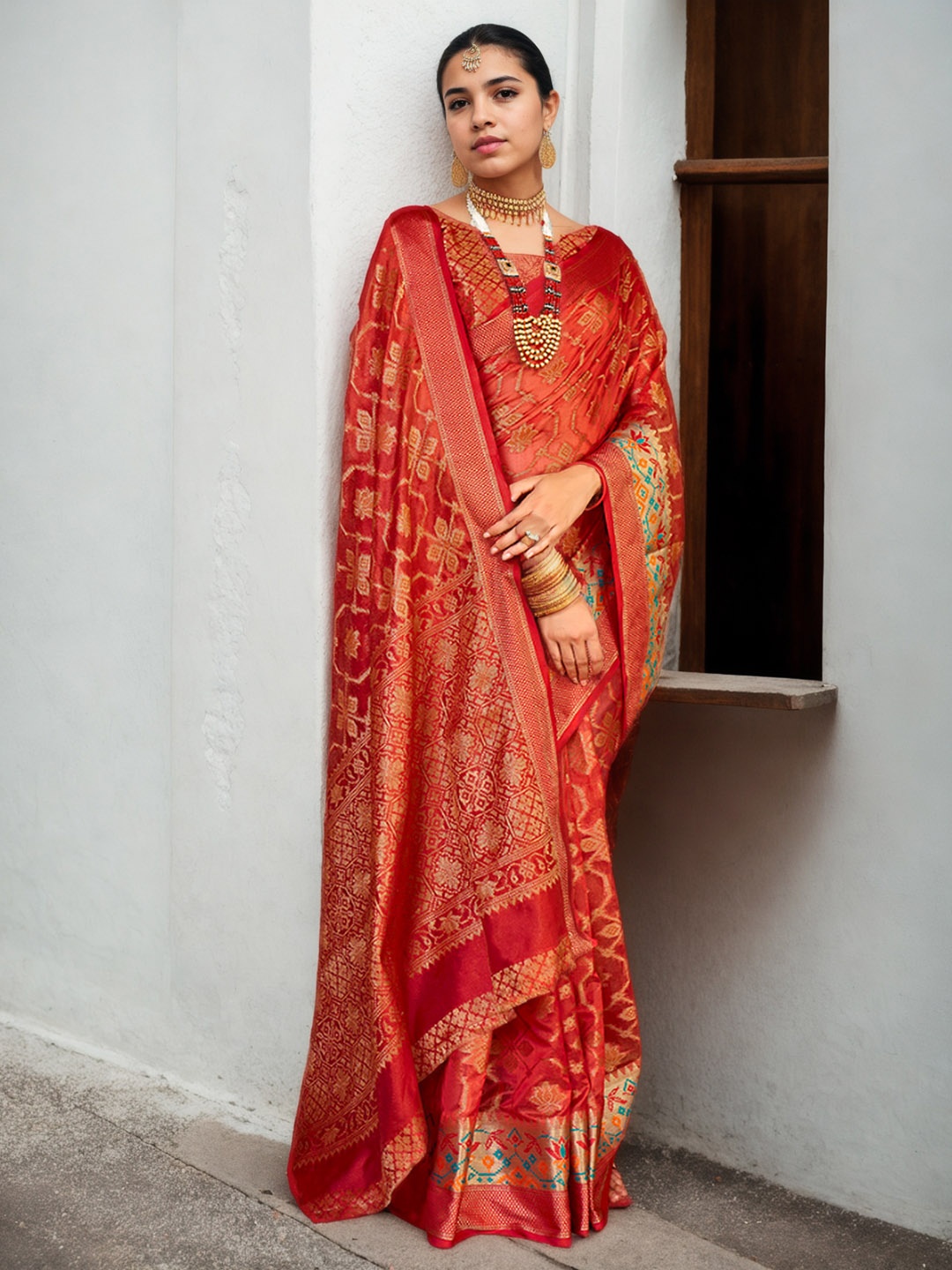 

Anouk Ethnic Motifs Woven Design Zari Organza Saree, Red