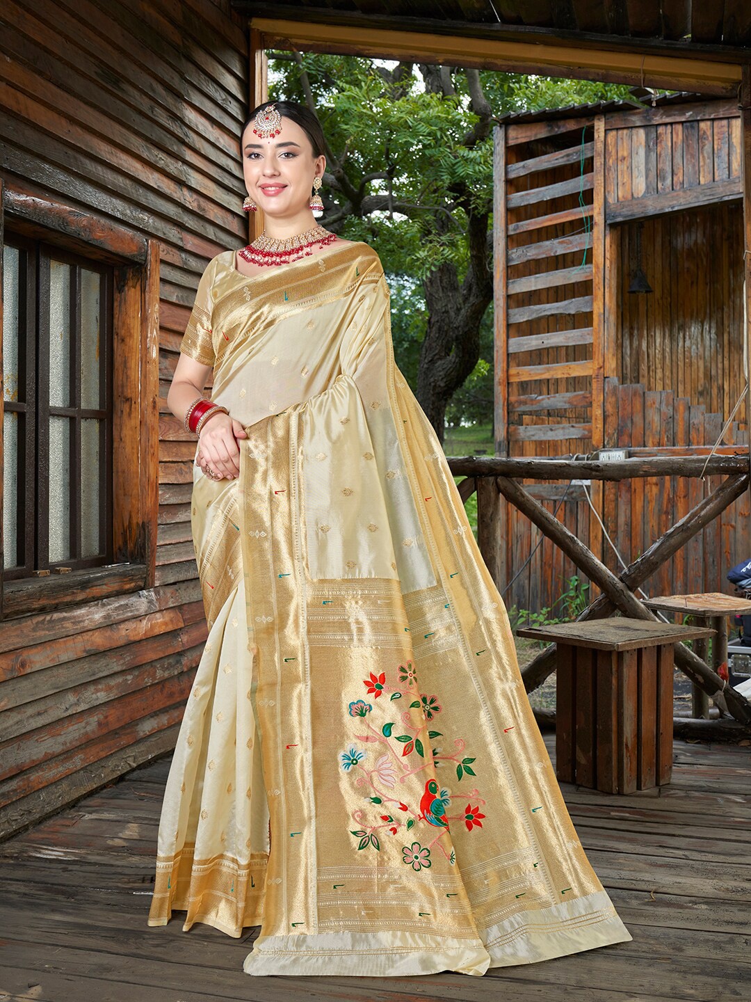 

Anouk Ethnic Motifs Woven Design Zari Organza Saree, Cream