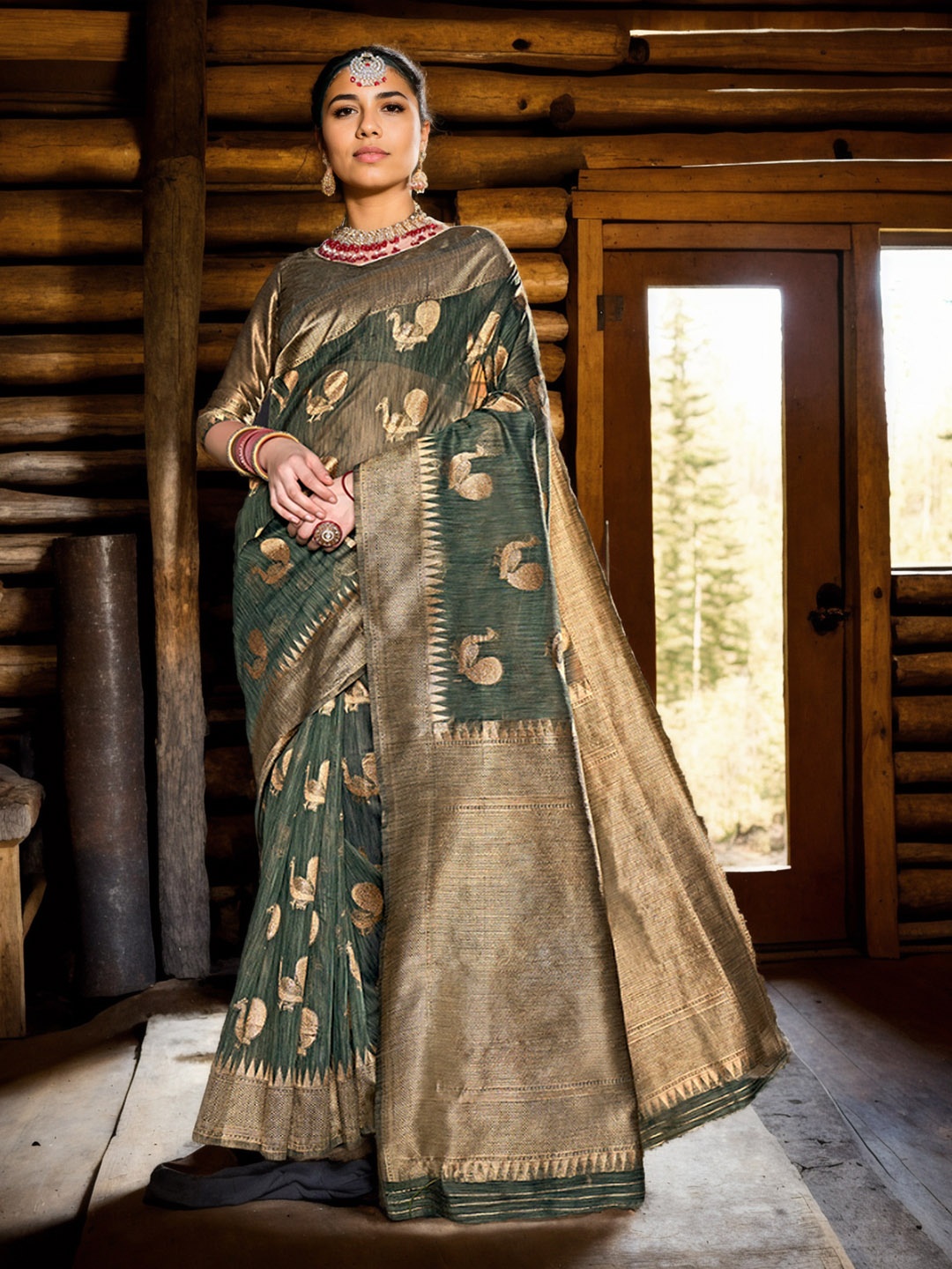 

Anouk Green Woven Design Zari Art Silk Saree