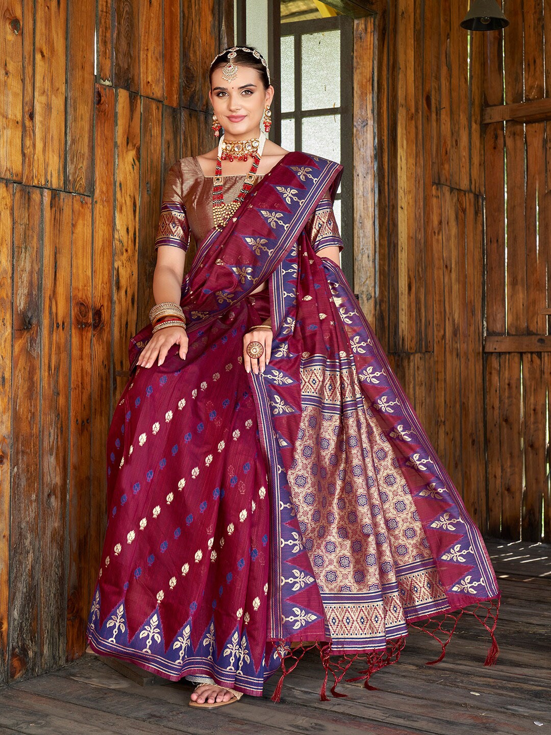 

Anouk Maroon Ethnic Motifs Woven Design Zari Pure Cotton Chanderi Saree