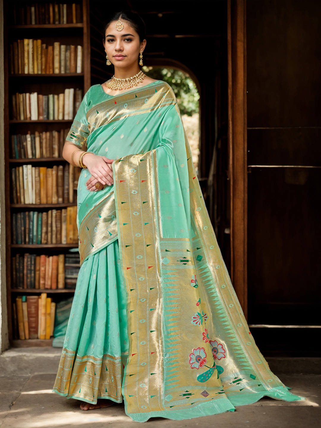 

Anouk Ethnic Motifs Woven Design Zari Detail Organza Saree, Green