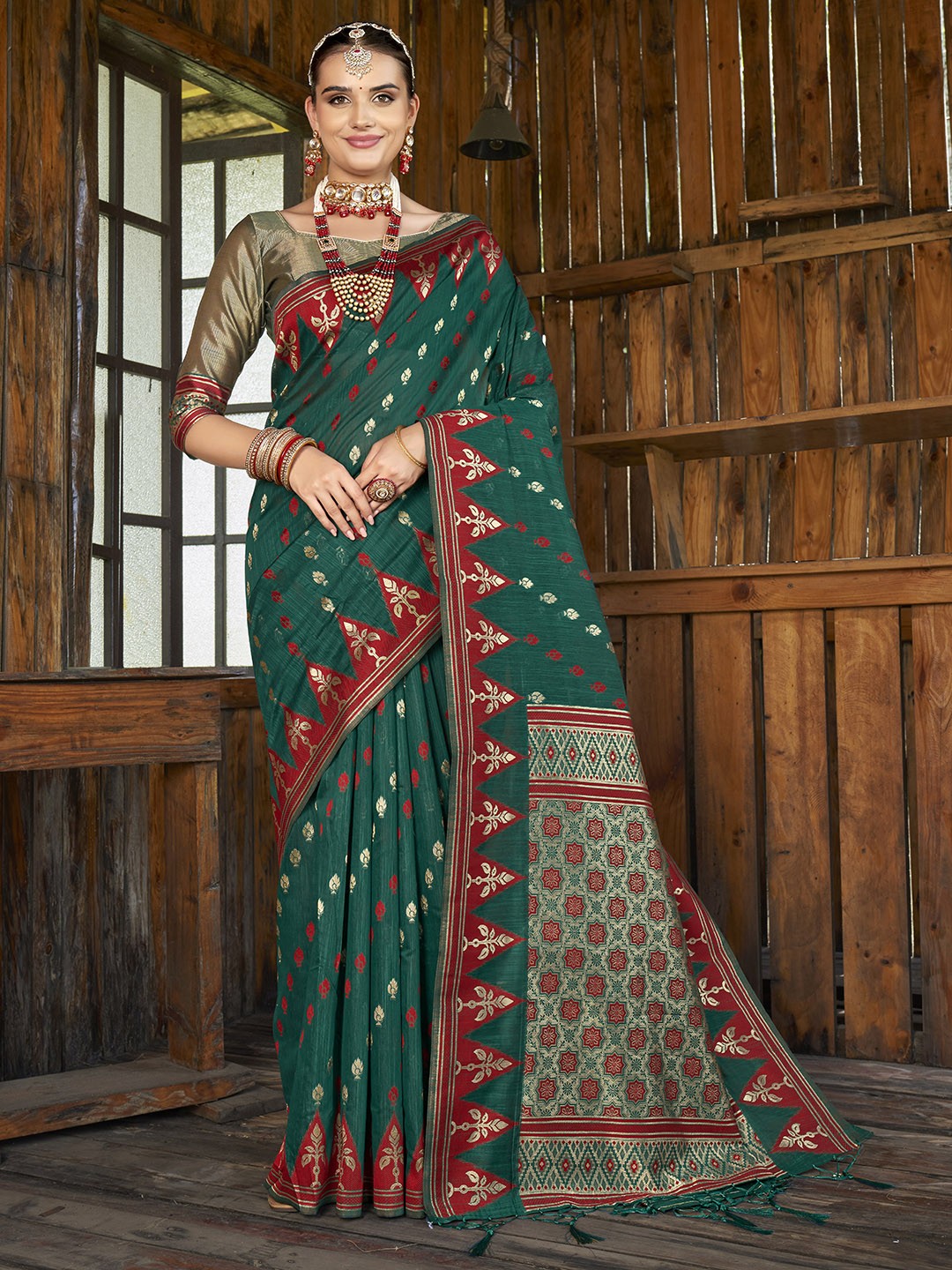 

Anouk Ethnic Motifs Woven Design Zari Pure Cotton Chanderi Saree, Green