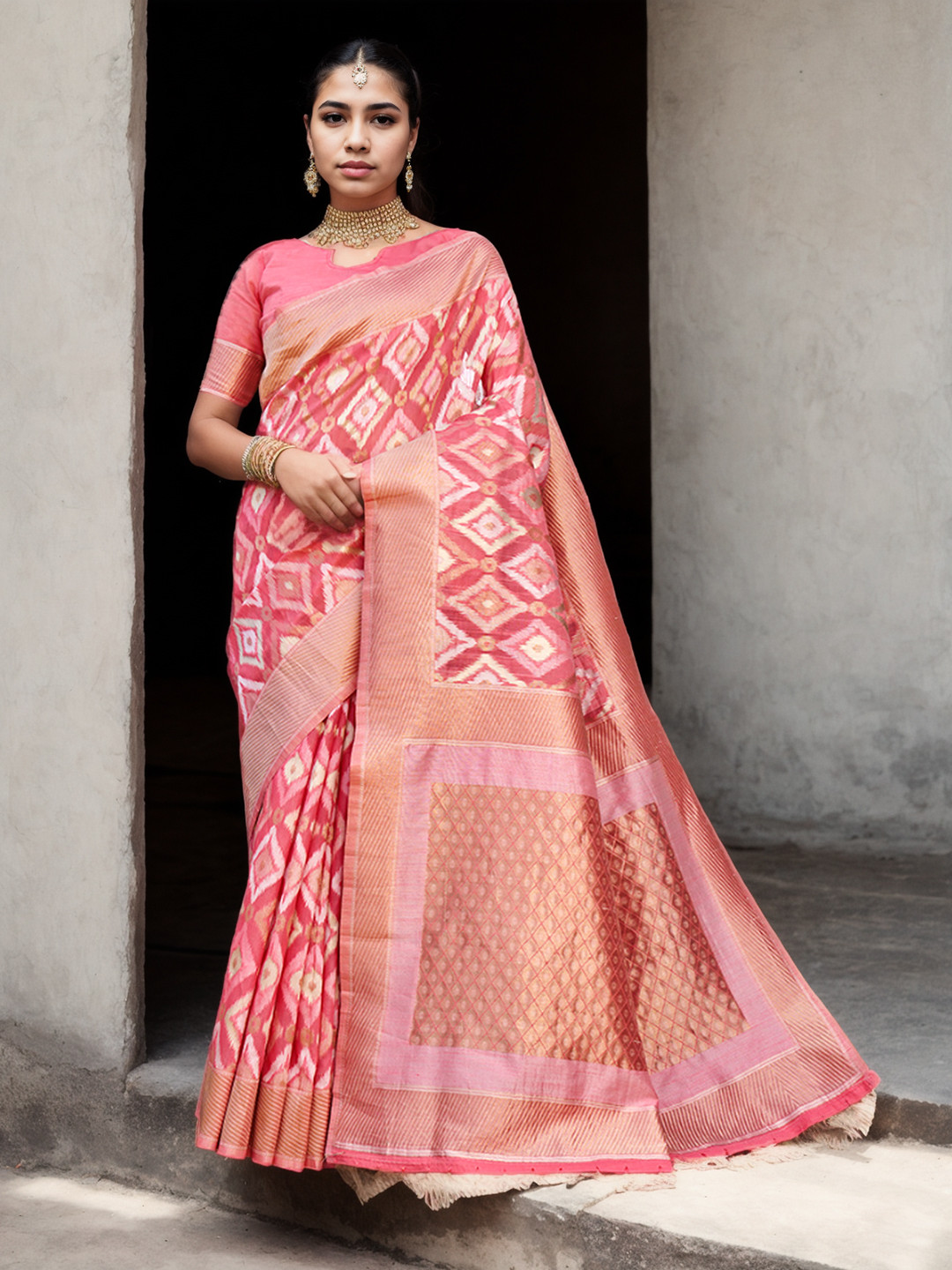 

Anouk Geometric Woven Design Zari Saree, Pink