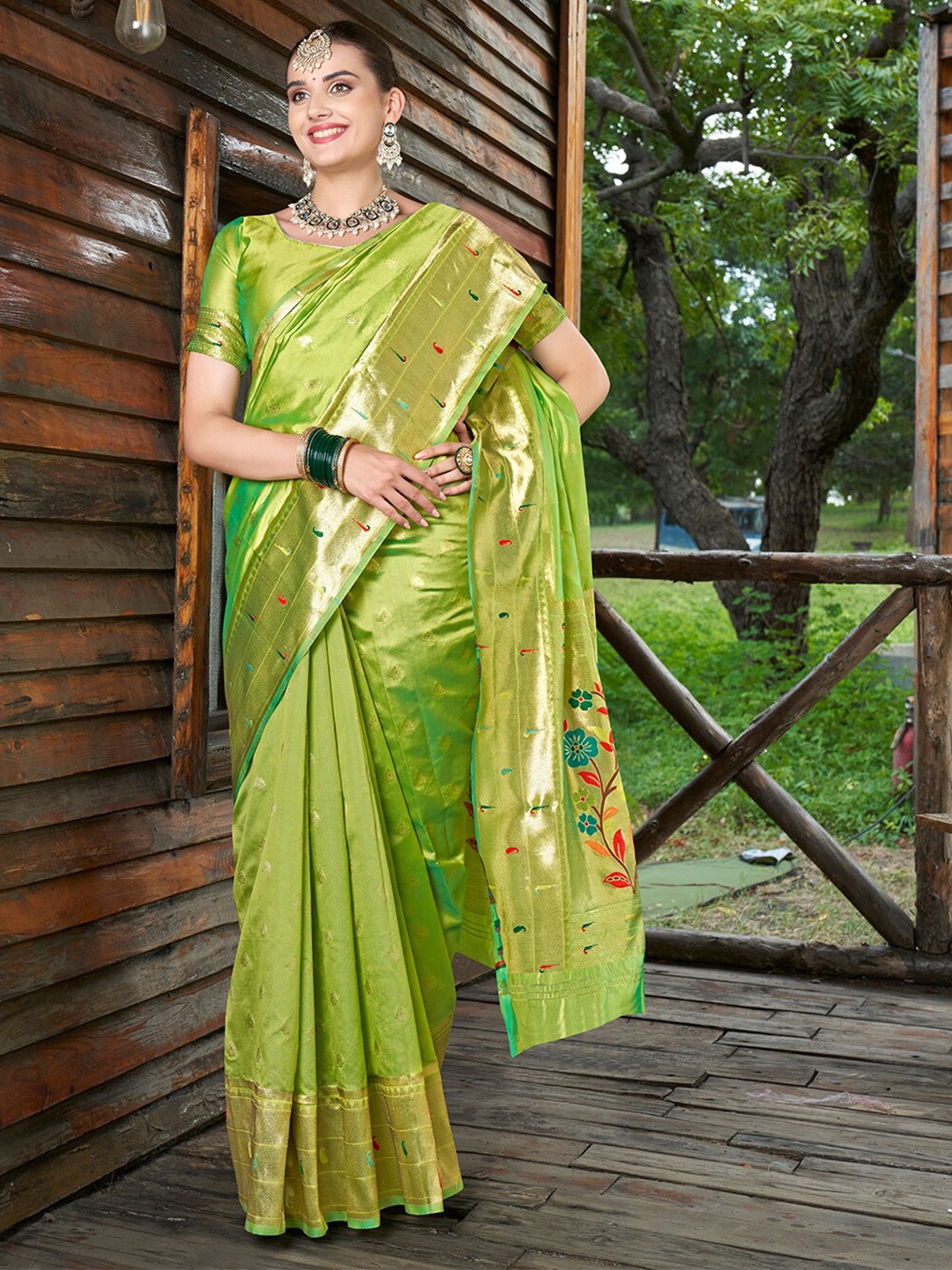 

Anouk Ethnic Motifs Woven Design Zari Organza Saree, Lime green