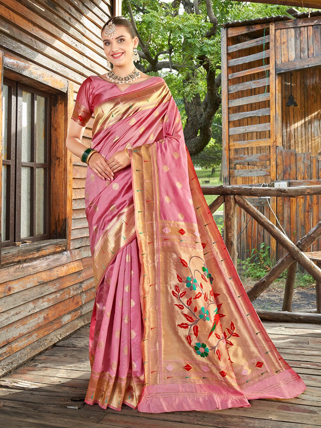 

Anouk Ethnic Motifs Woven Design Zari Organza Saree, Pink