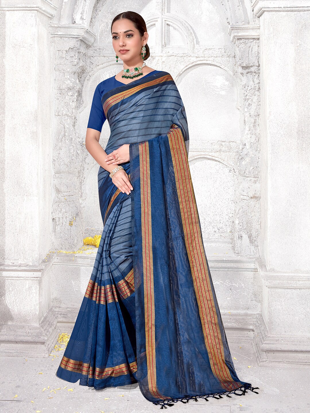 

Anouk Striped Zari Saree, Blue