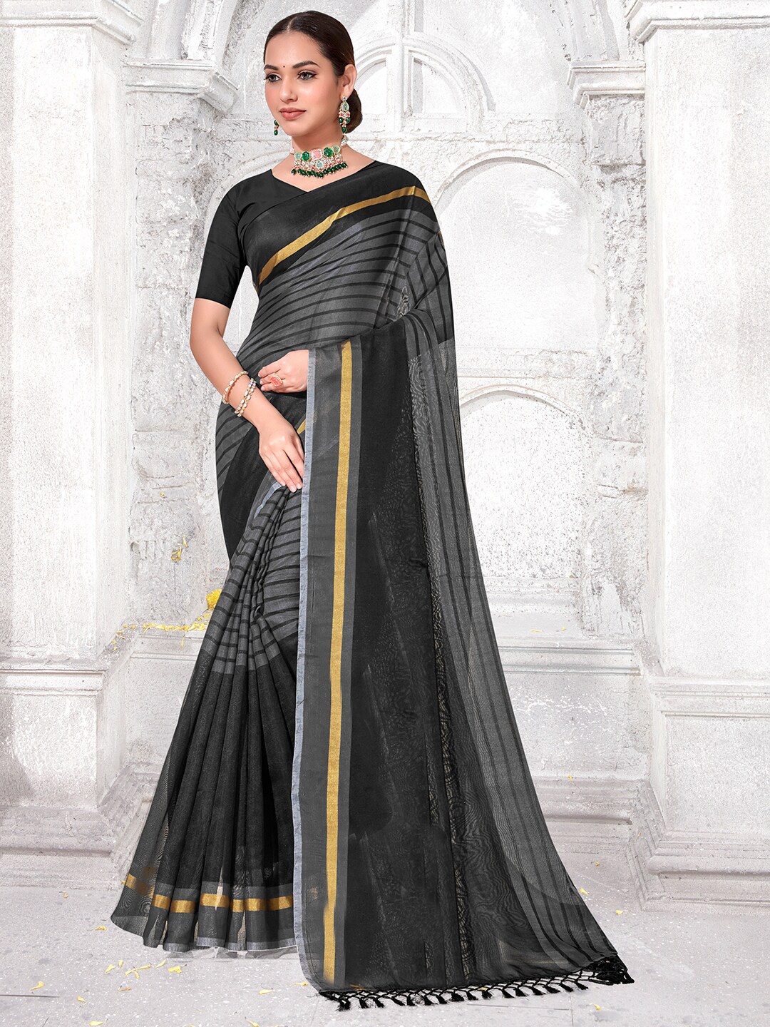 

Anouk Striped Zari Khadi Saree, Black