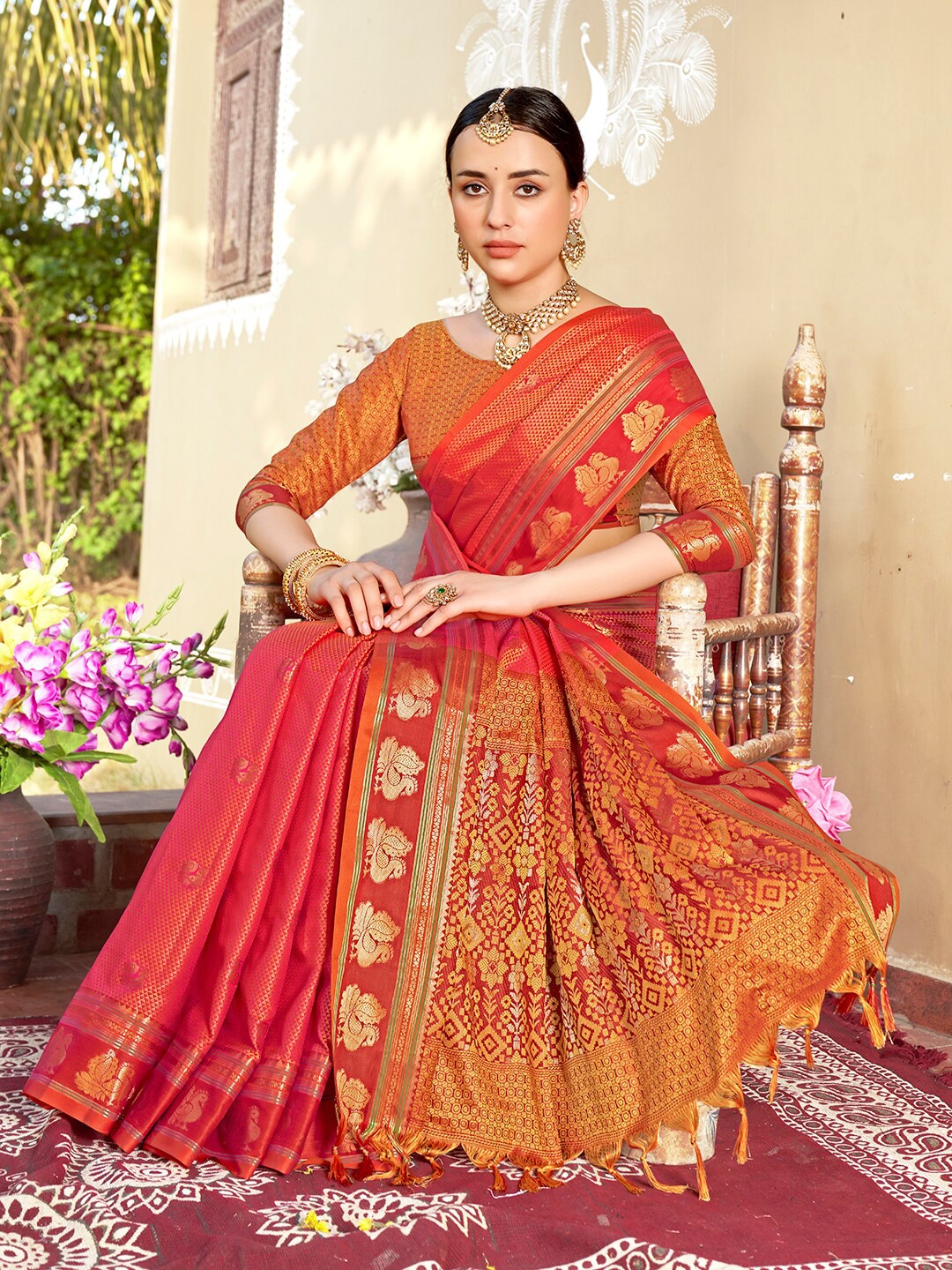 

Anouk Red Ethnic Motifs Woven Design Zari Banarasi Saree