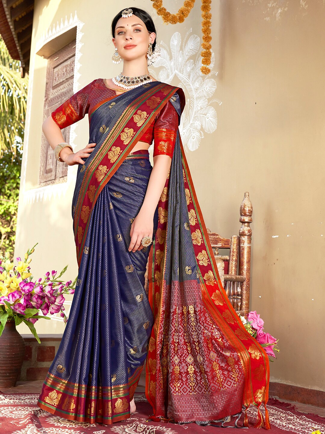 

Anouk Ethnic Motifs Woven Design Zari Banarasi Saree, Blue