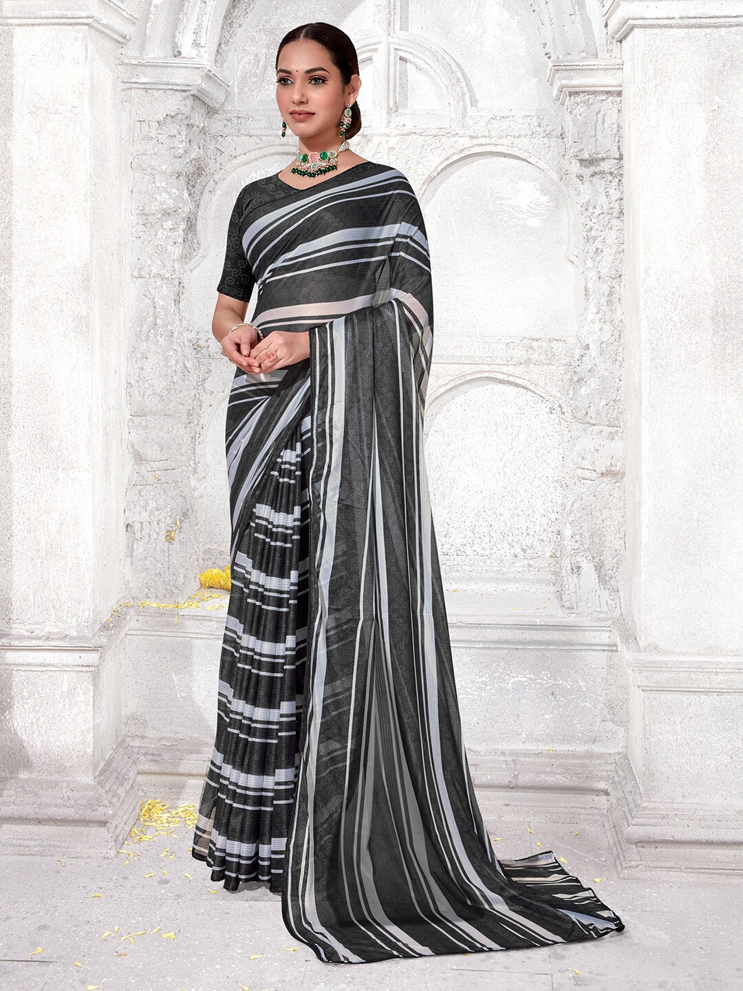 

Anouk Rustic Striped With Blouse Piece Saree, Black