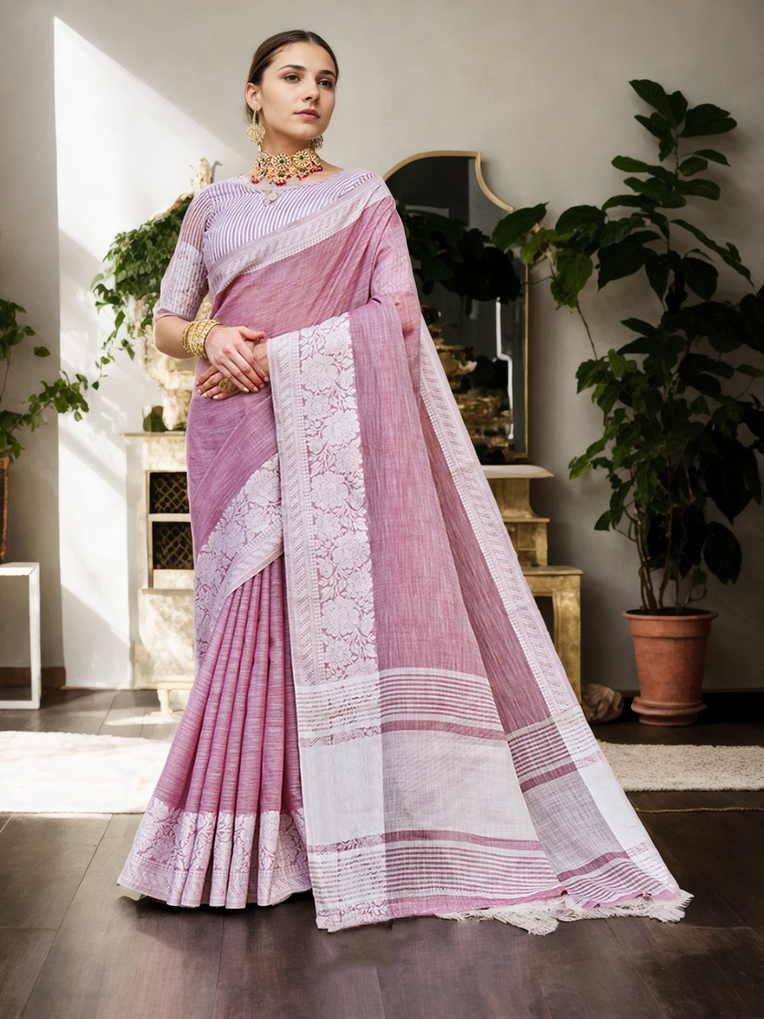 

Anouk Zari Art Silk Saree With Ethnic Motifs Woven Design Border, Pink