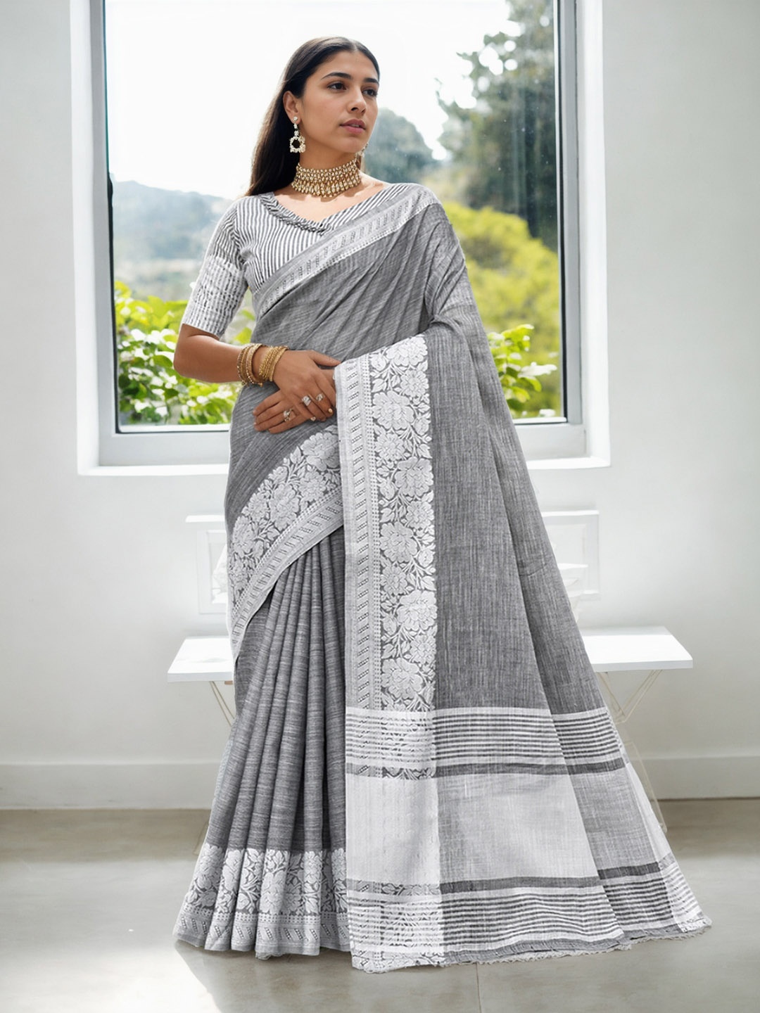 

Anouk Zari Art Silk Saree With Ethnic Motifs Woven Design Border, Grey