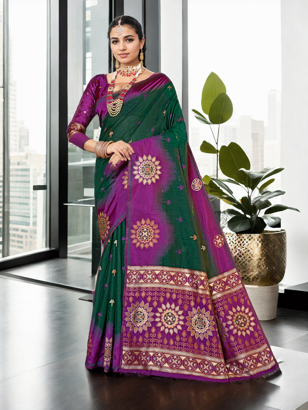 

Anouk Woven Design Zari Pure Cotton Chanderi Saree, Green