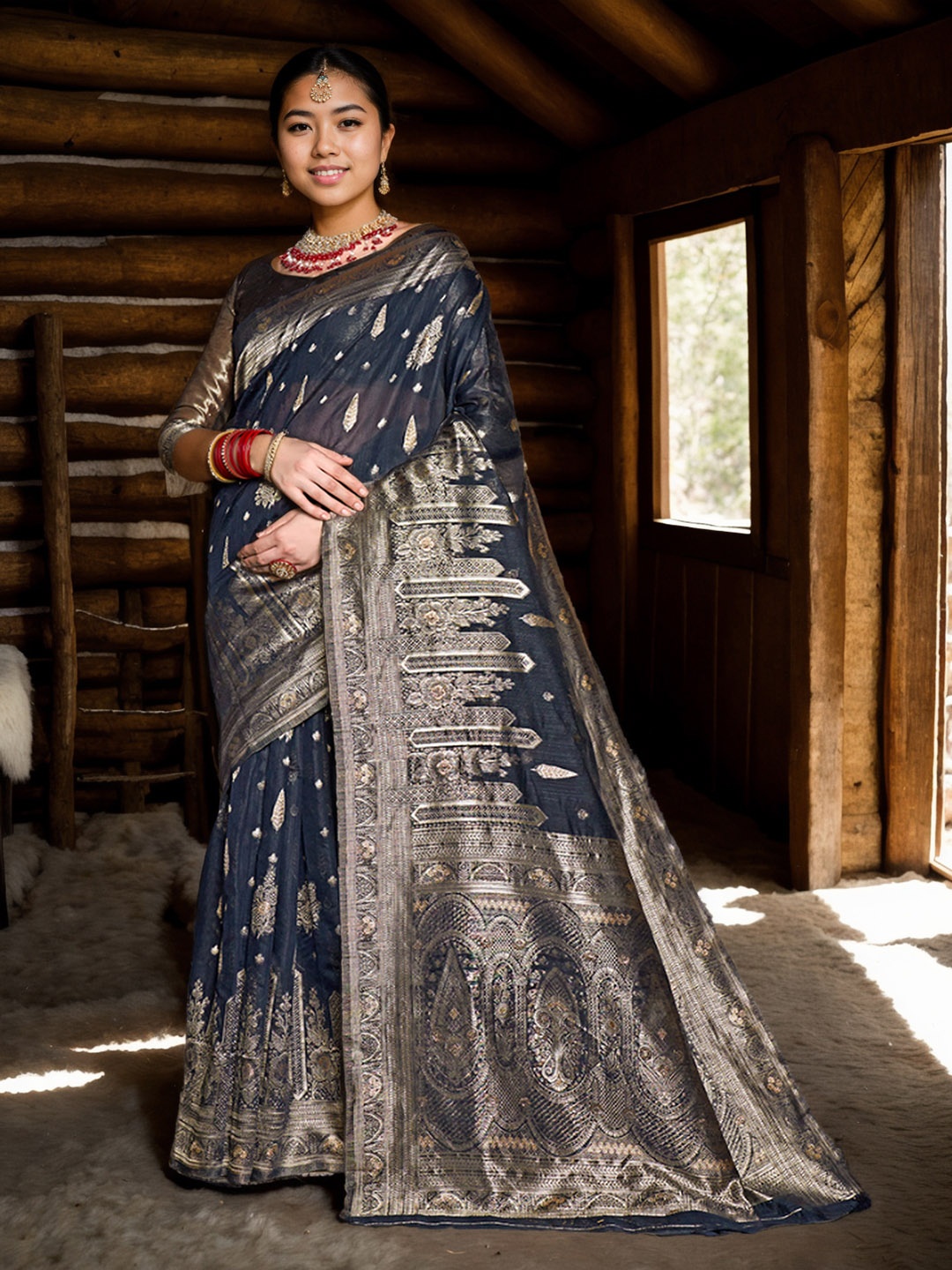 

Anouk Blue & Gold-Toned Ethnic Motifs Zari Art Silk Saree