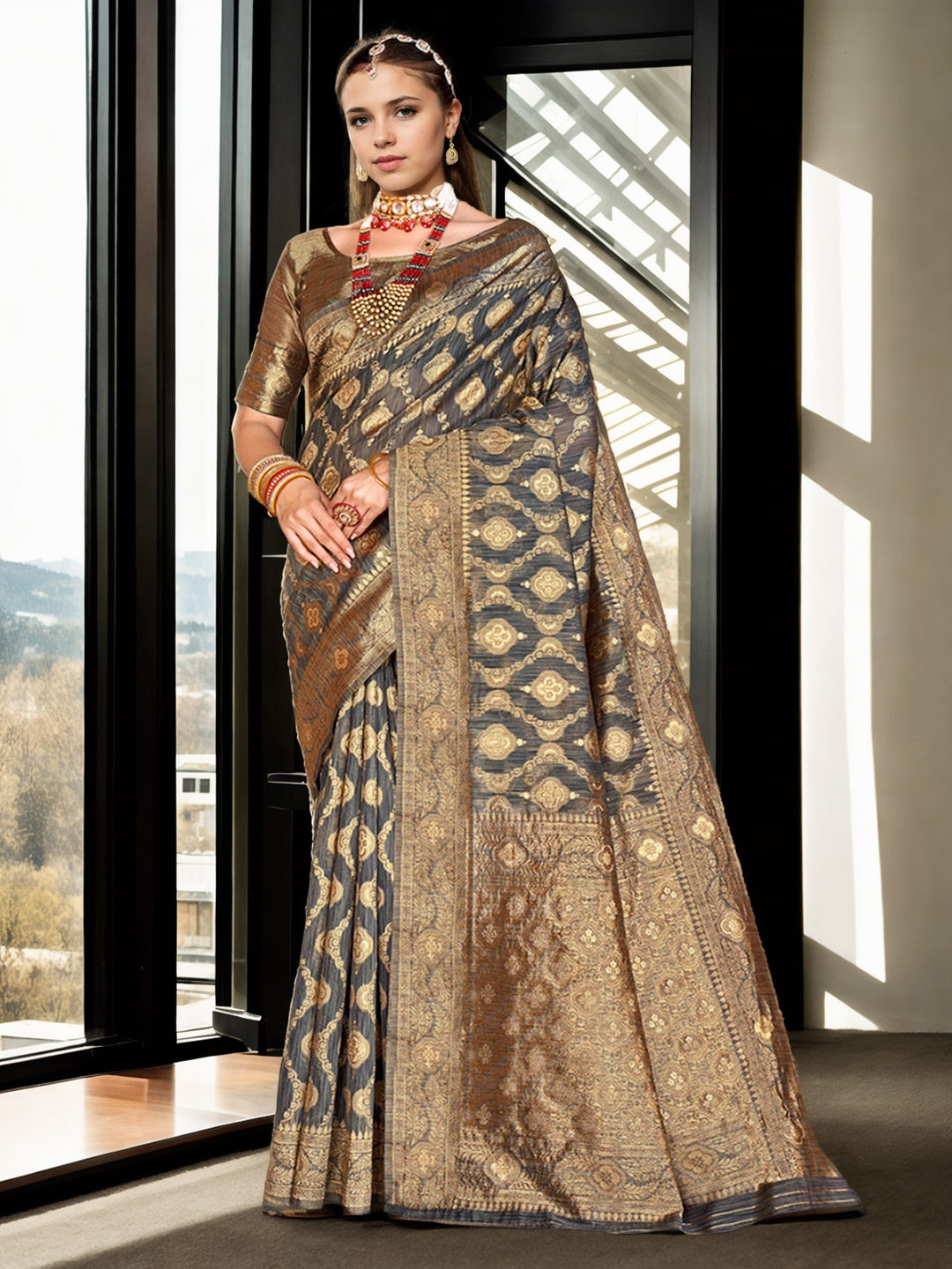 

Anouk Geometric Woven Design Zari Saree, Grey