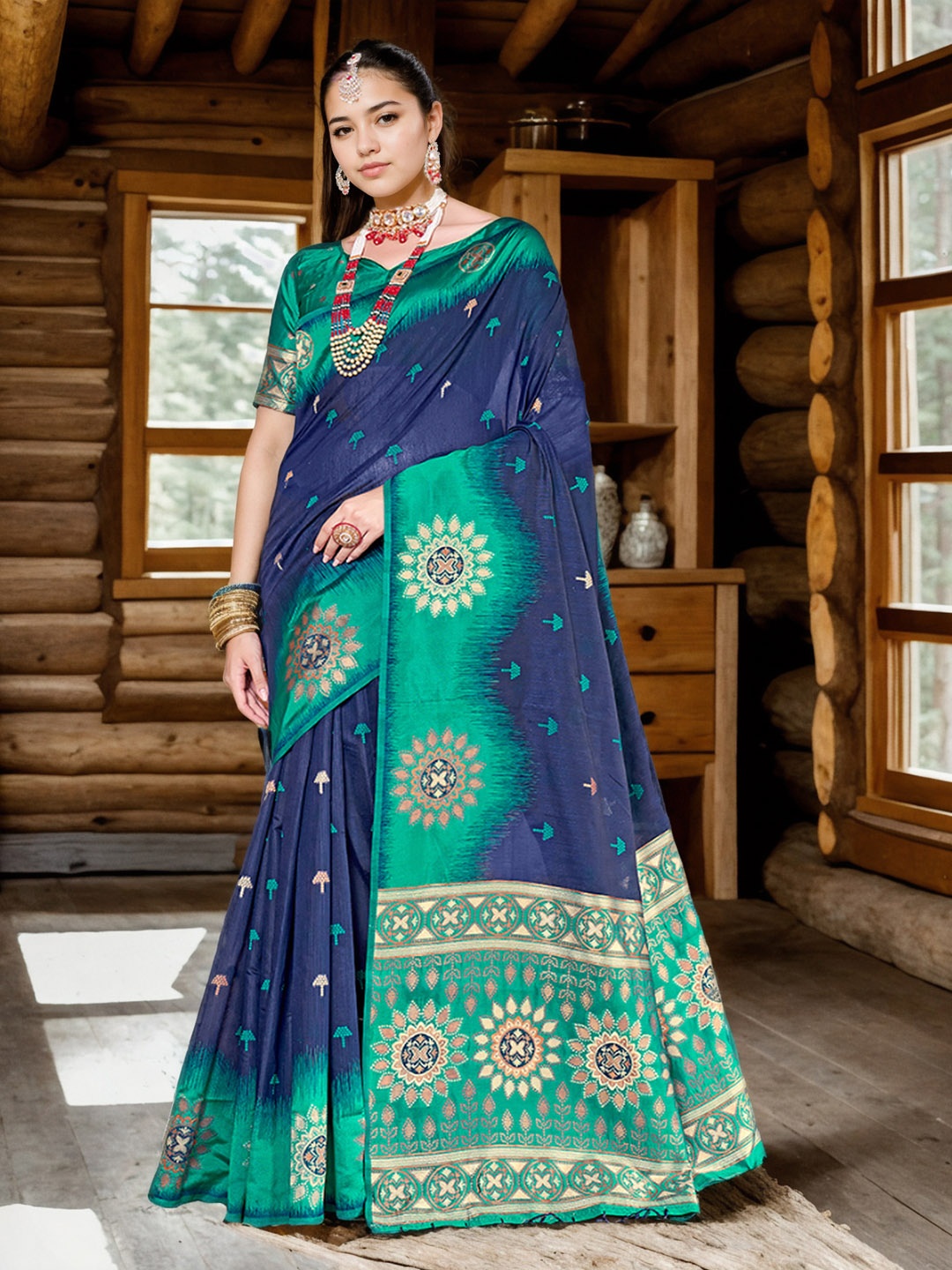 

Anouk Ethnic Motifs Woven Design Pure Cotton Chanderi Saree, Blue