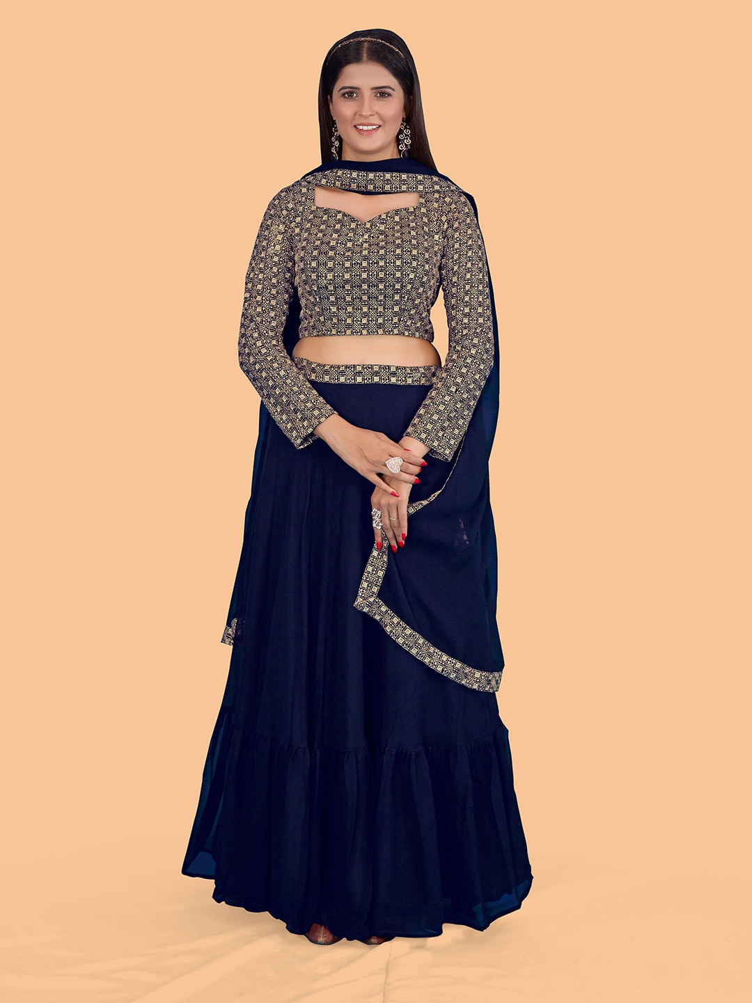 

CHANSI Embroidered Ready to Wear Lehenga & Blouse With Dupatta, Navy blue