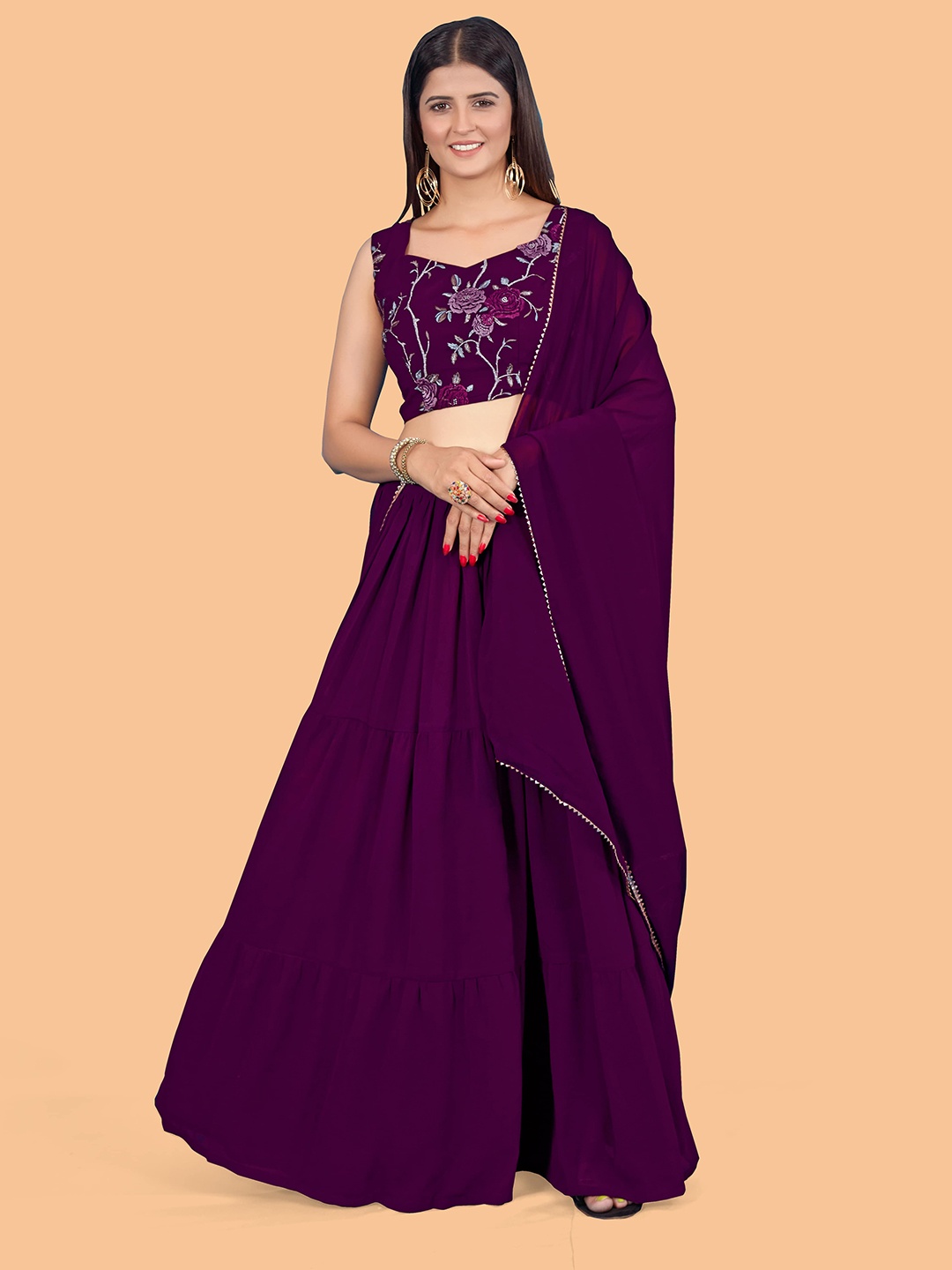 

CHANSI Embroidered Thread Work Ready to Wear Lehenga & Blouse With Dupatta, Purple