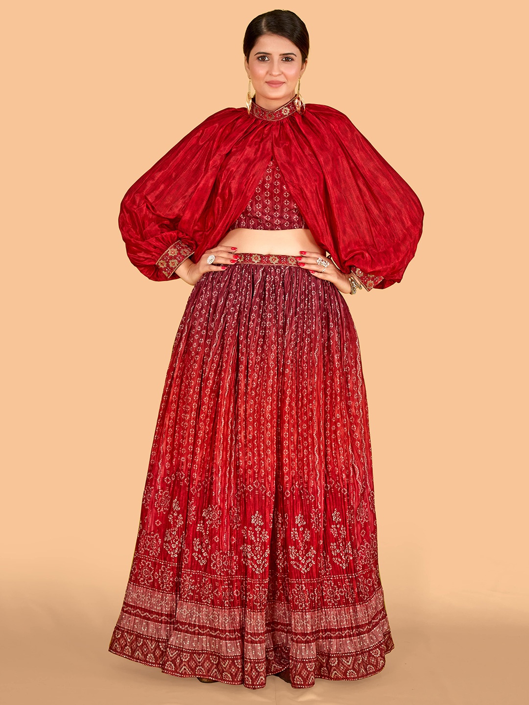 

CHANSI Ethnic Motif Printed Lehenga & Blouse With Cape Jacket, Red