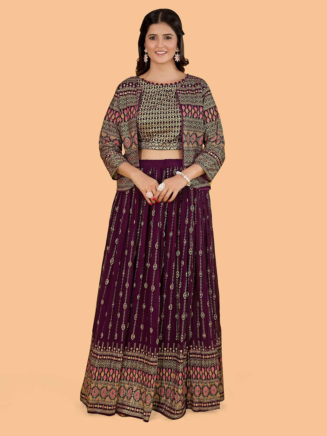 

CHANSI Sequin Embroidered Lehenga & Blouse With Jacket, Burgundy
