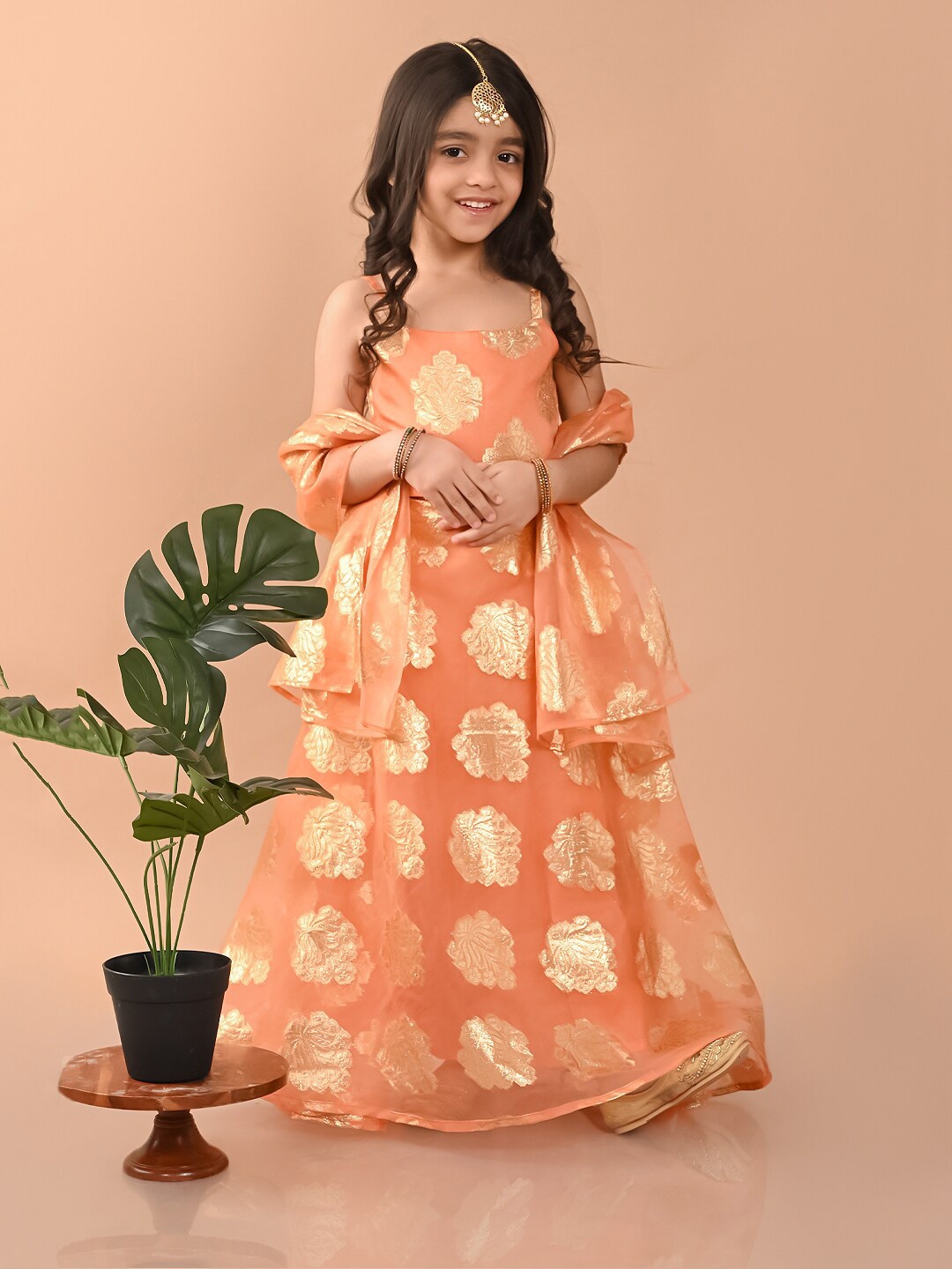 

LilPicks Girls Woven Design Silk Ready to Wear Lehenga & Blouse With Dupatta, Peach