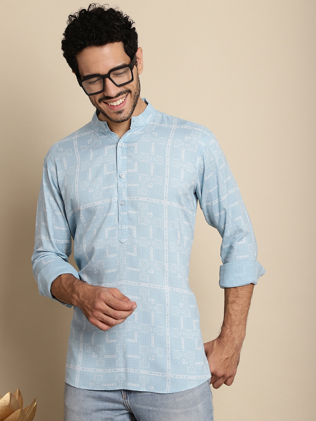 

Anouk Blue Geometric Printed Band Collar Kurta