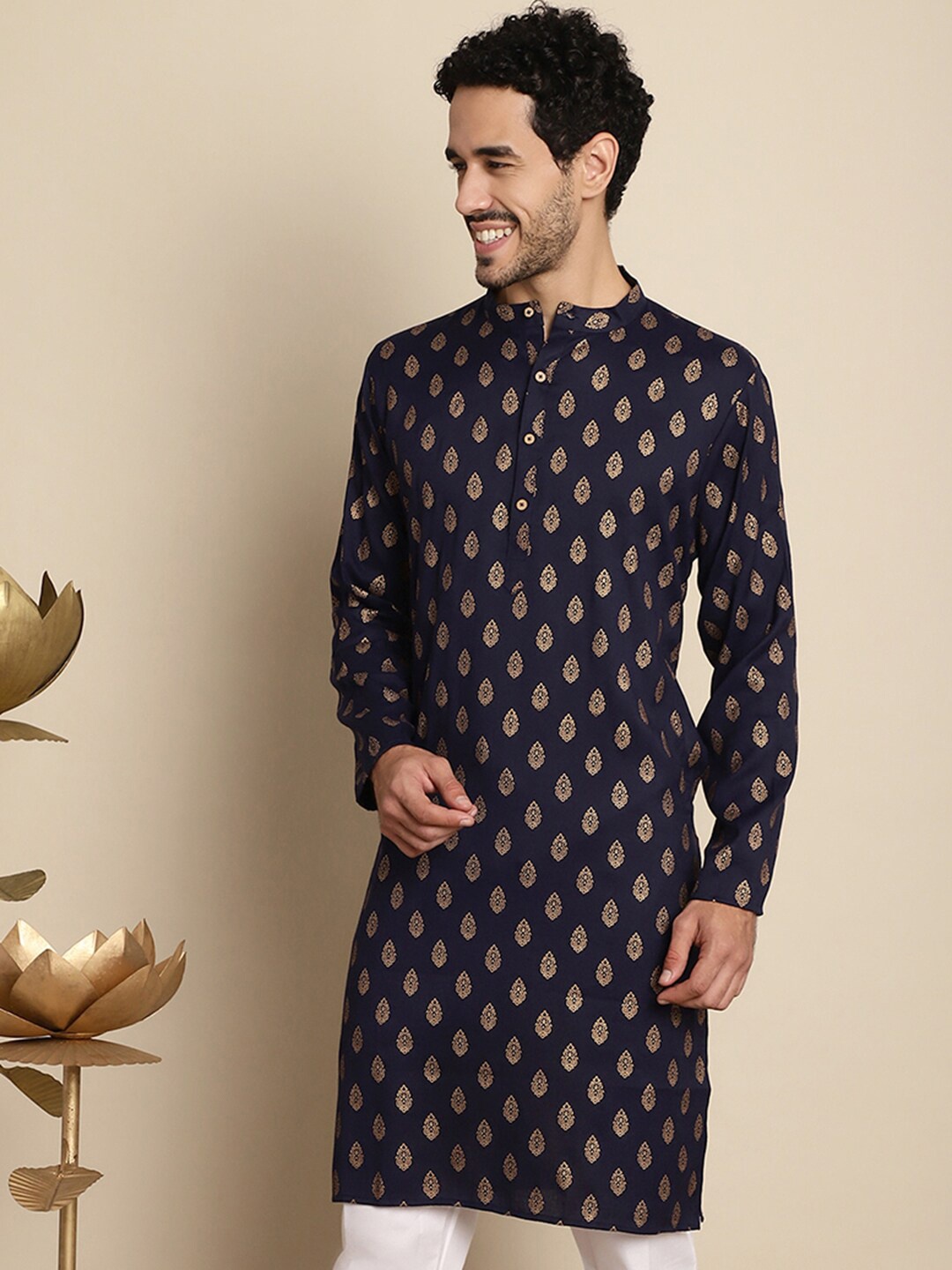 

Anouk Navy Blue Ethnic Motifs Foil Printed Band Collar Kurta