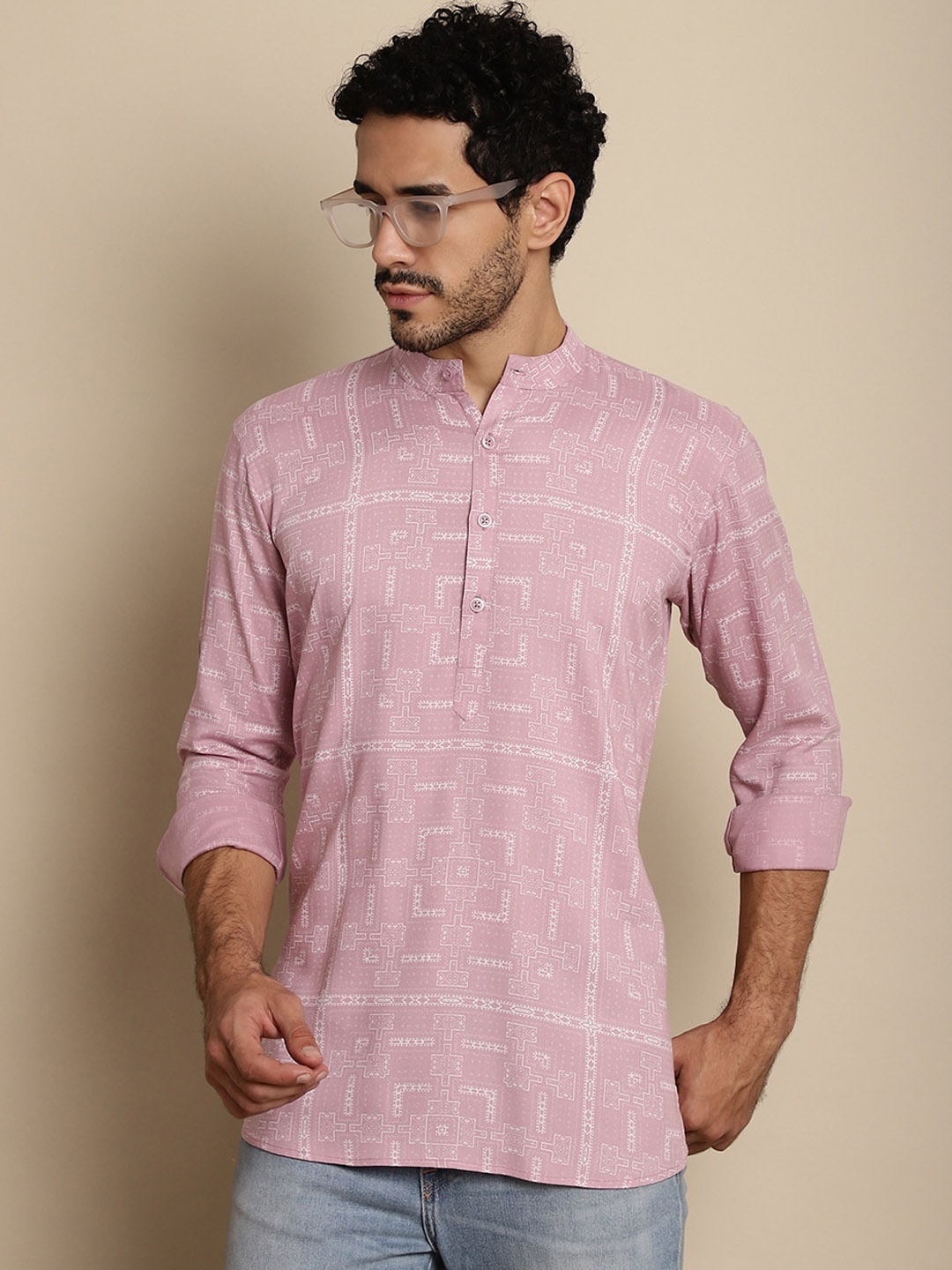 

Anouk Pink Geometric Printed Band Collar Kurta