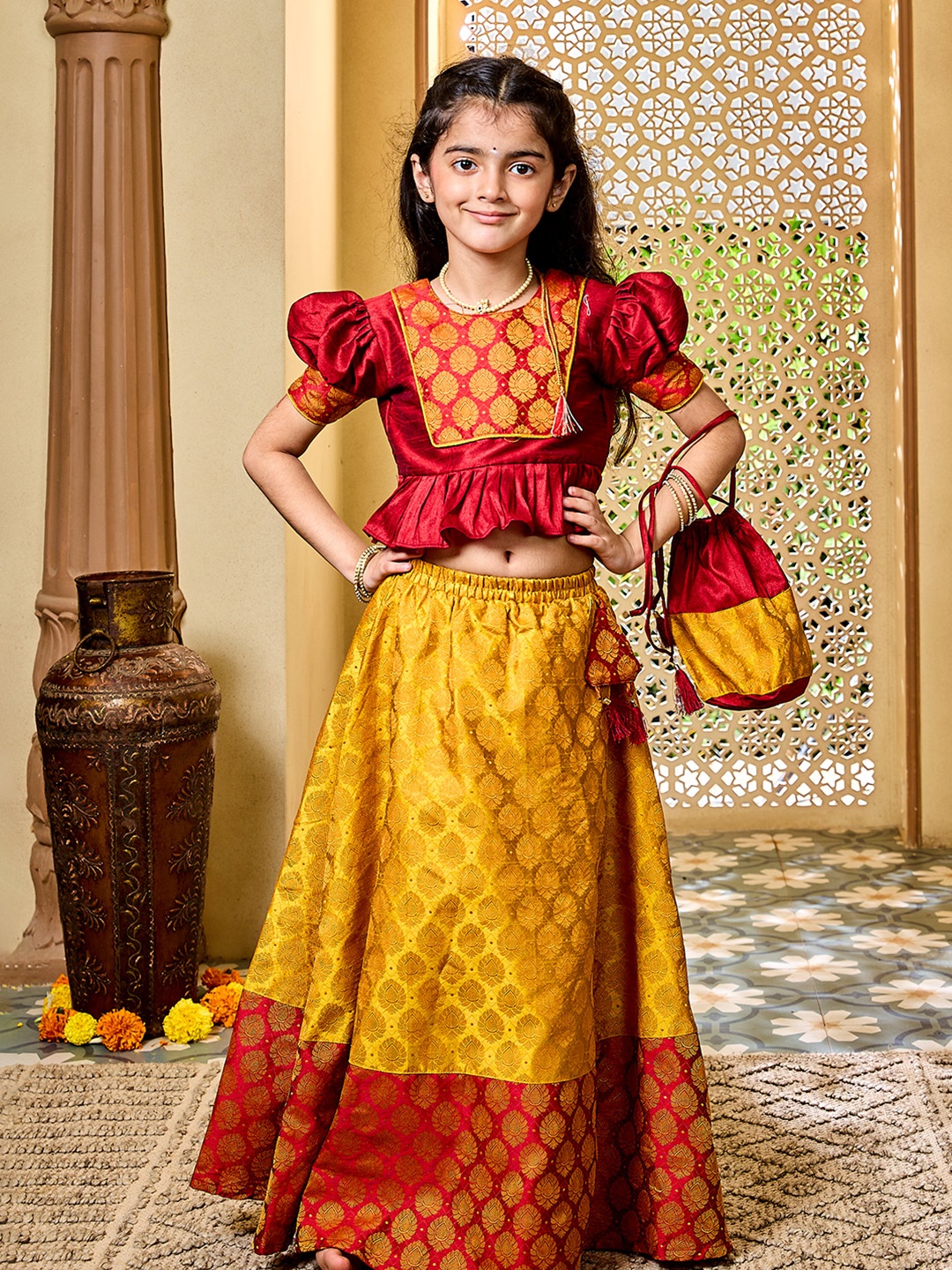 

VASTRAMAY Girls Ethnic Motifs Woven Design Ready To Wear Lehenga Choli, Maroon