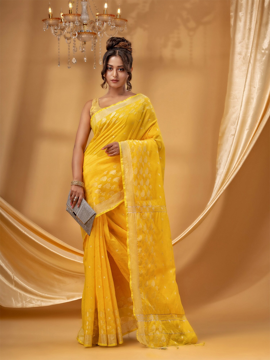 

DESH BIDESH Woven Design Zari Silk Cotton Taant Saree, Yellow