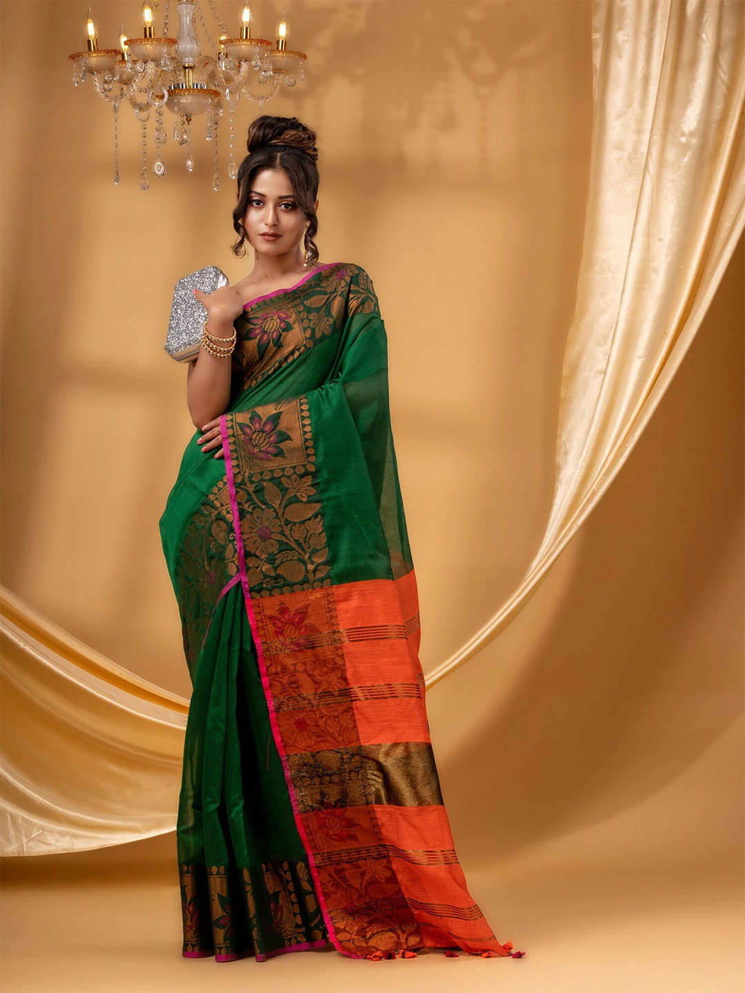 

DESH BIDESH Floral Woven Design Zari Silk Cotton Taant Saree, Green