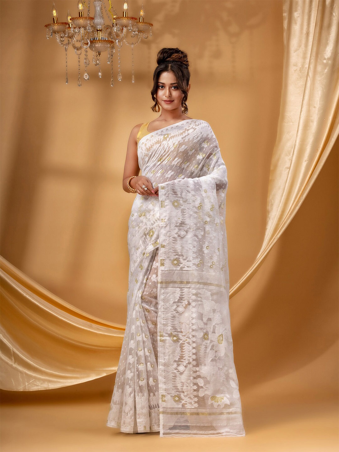 

DESH BIDESH Floral Woven Design Pure Cotton Jamdani Saree, Off white
