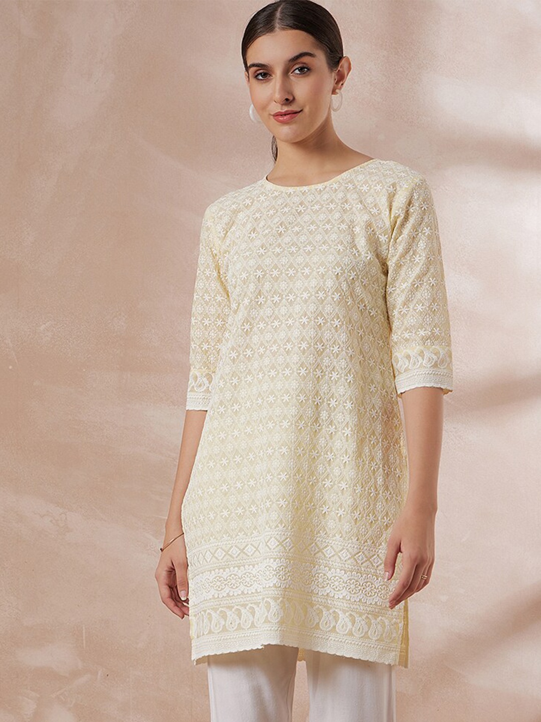 

all about you Yellow Ethnic Motifs Embroidered Pure Cotton Chikankari Short Kurti