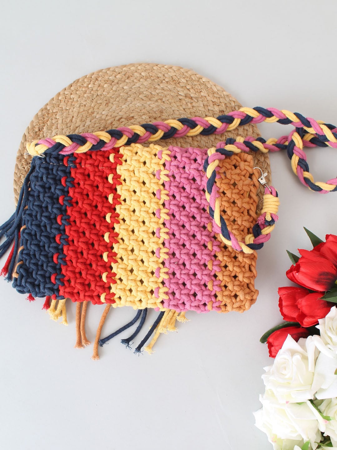 

Velvery Colourblocked Cotton Structured Sling Bag, Navy blue