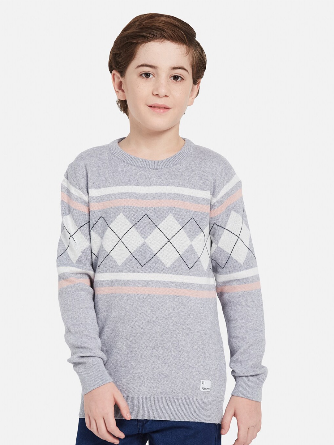 

Octave Boys Geometric Printed Round Neck Long Sleeve Pullover Cotton Sweaters, Grey