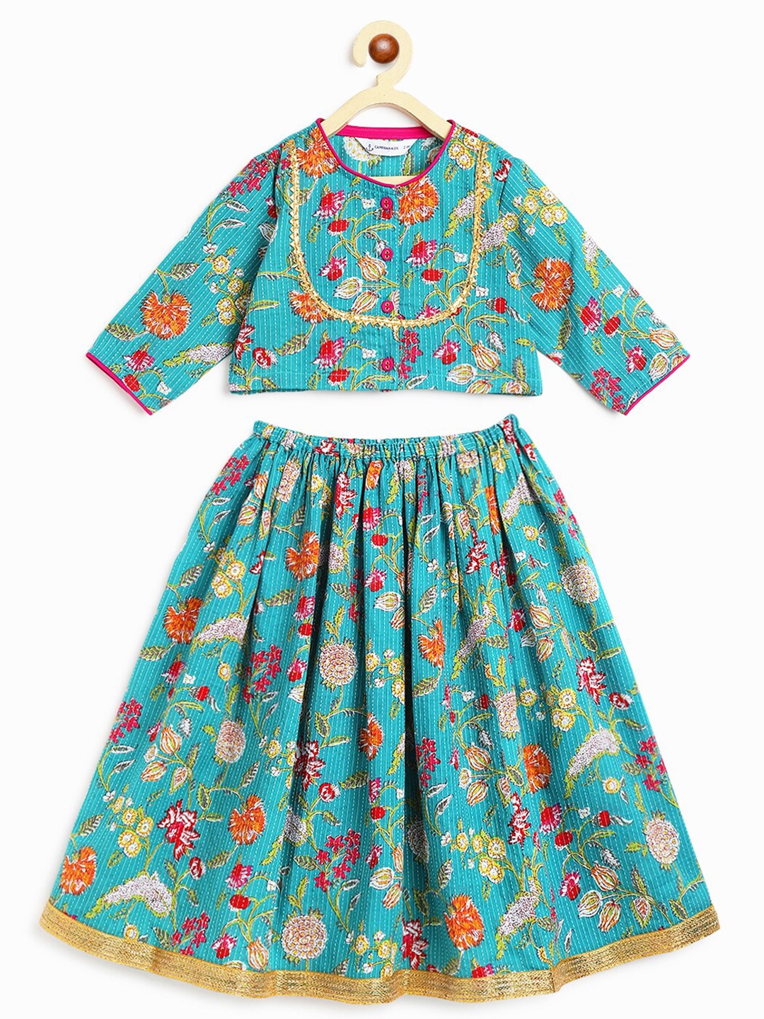 

Campana Girls Floral Printed Thread Work Ready to Wear Lehenga & Blouse, Teal