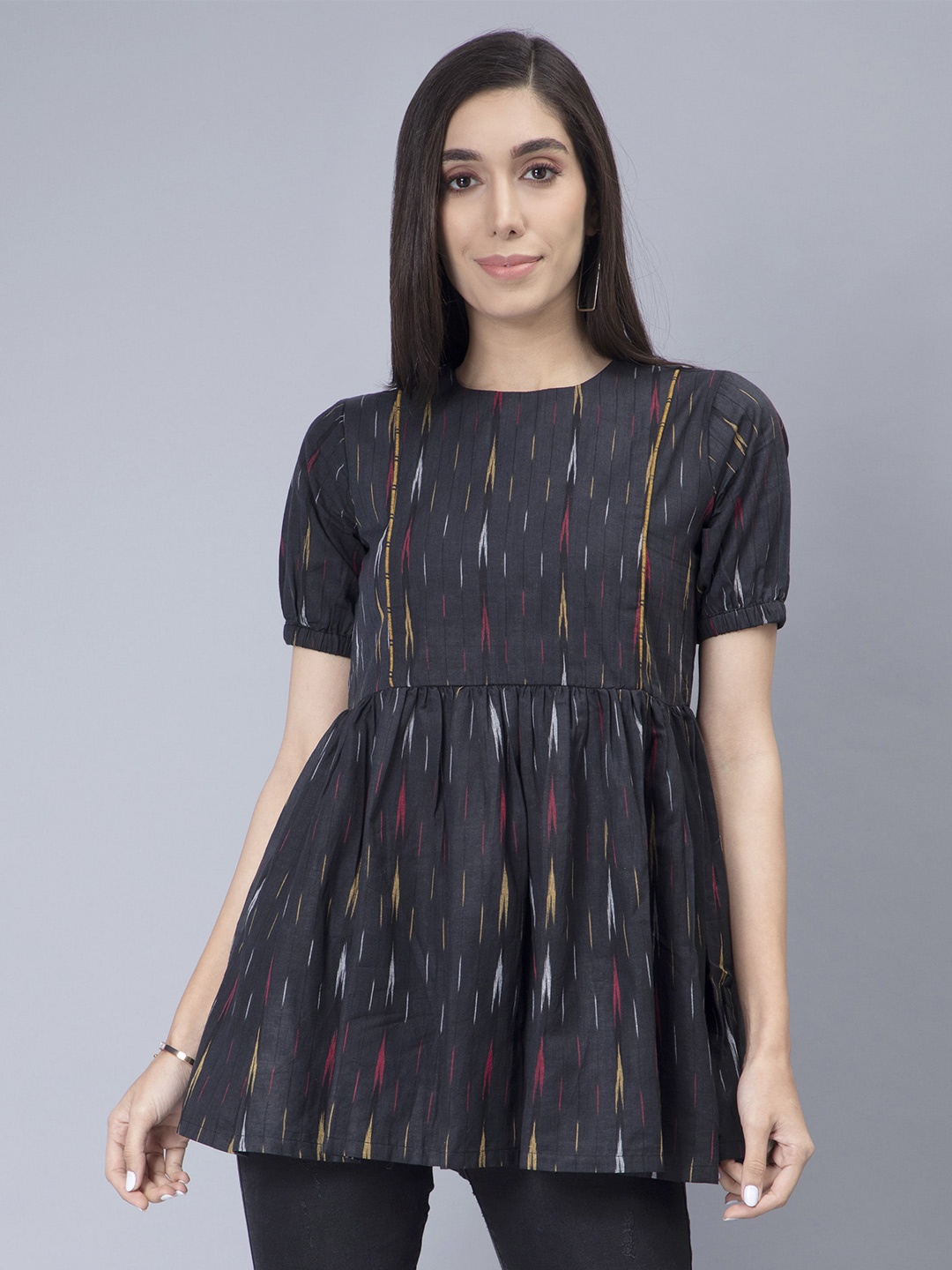 

Cot'N Soft Geometric Printed Round Neck Pure Cotton Ikat Pleated A-Line Kurti, Black