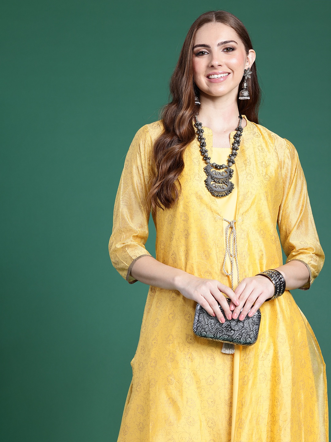 

Sangria Women Solid Kurta with Shrug, Yellow
