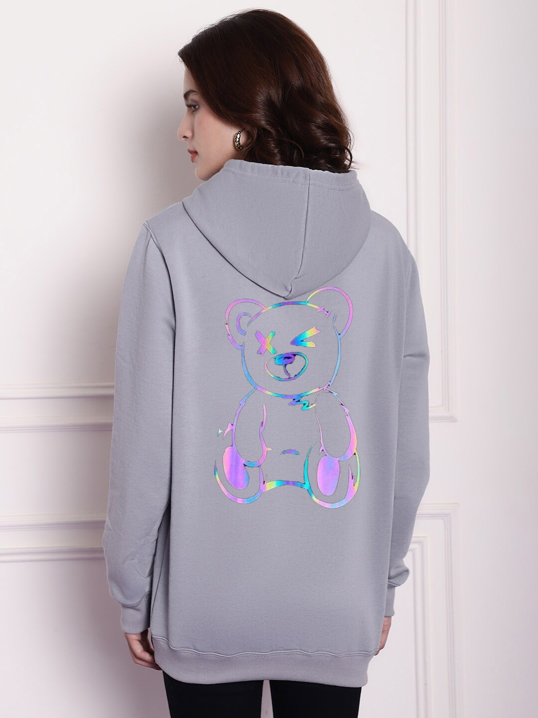 

Imsa Moda Graphic Printed Hooded Fleece Oversized Pullover, Grey