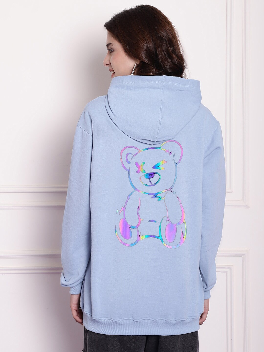 

Imsa Moda Graphic Printed Hooded Fleece Oversized Pullover, Blue