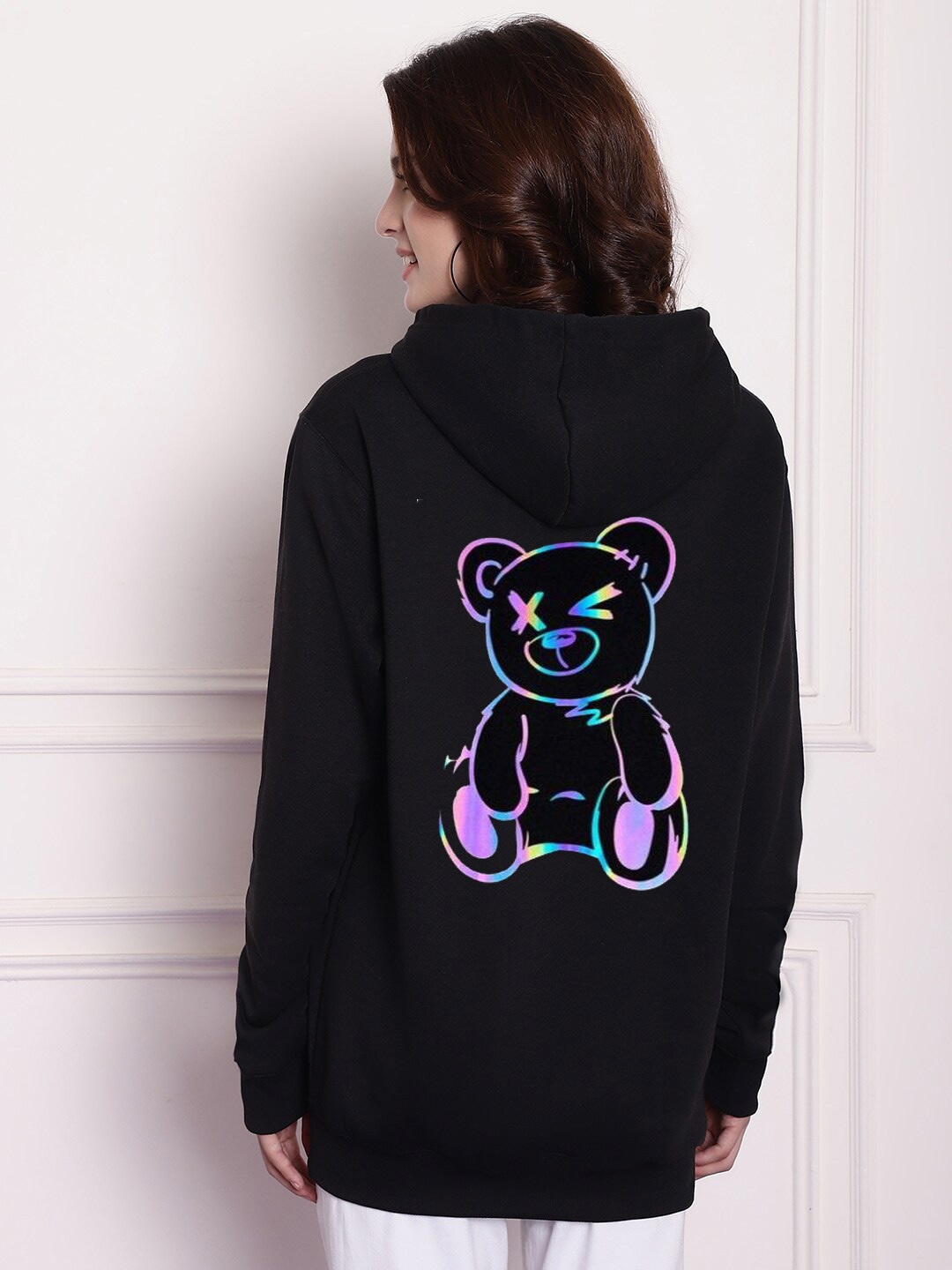 

Imsa Moda Graphic Printed Hooded Oversized Fit Pullover Sweatshirt, Black
