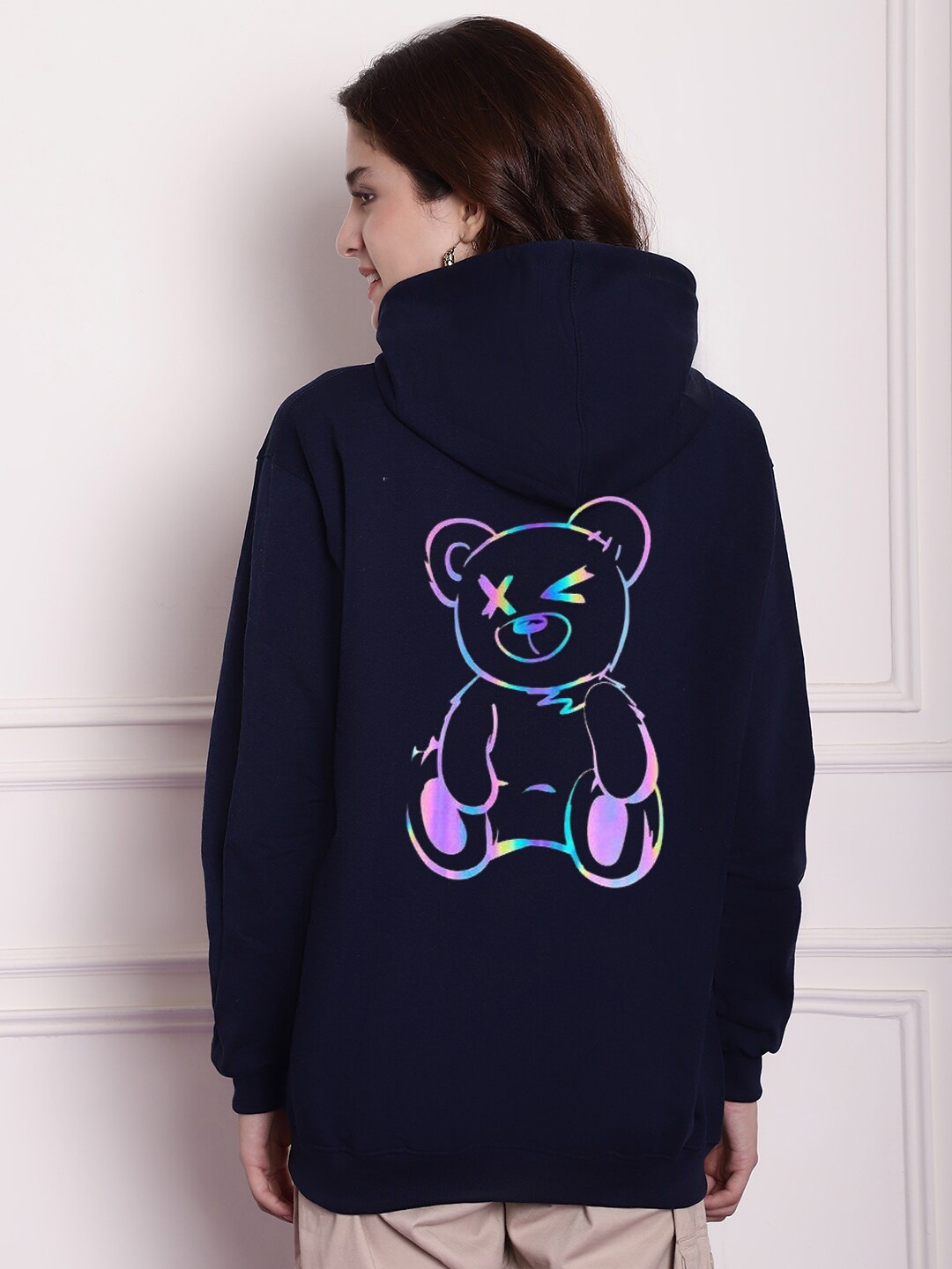 

Imsa Moda Women Navy Blue Printed Hooded Sweatshirt