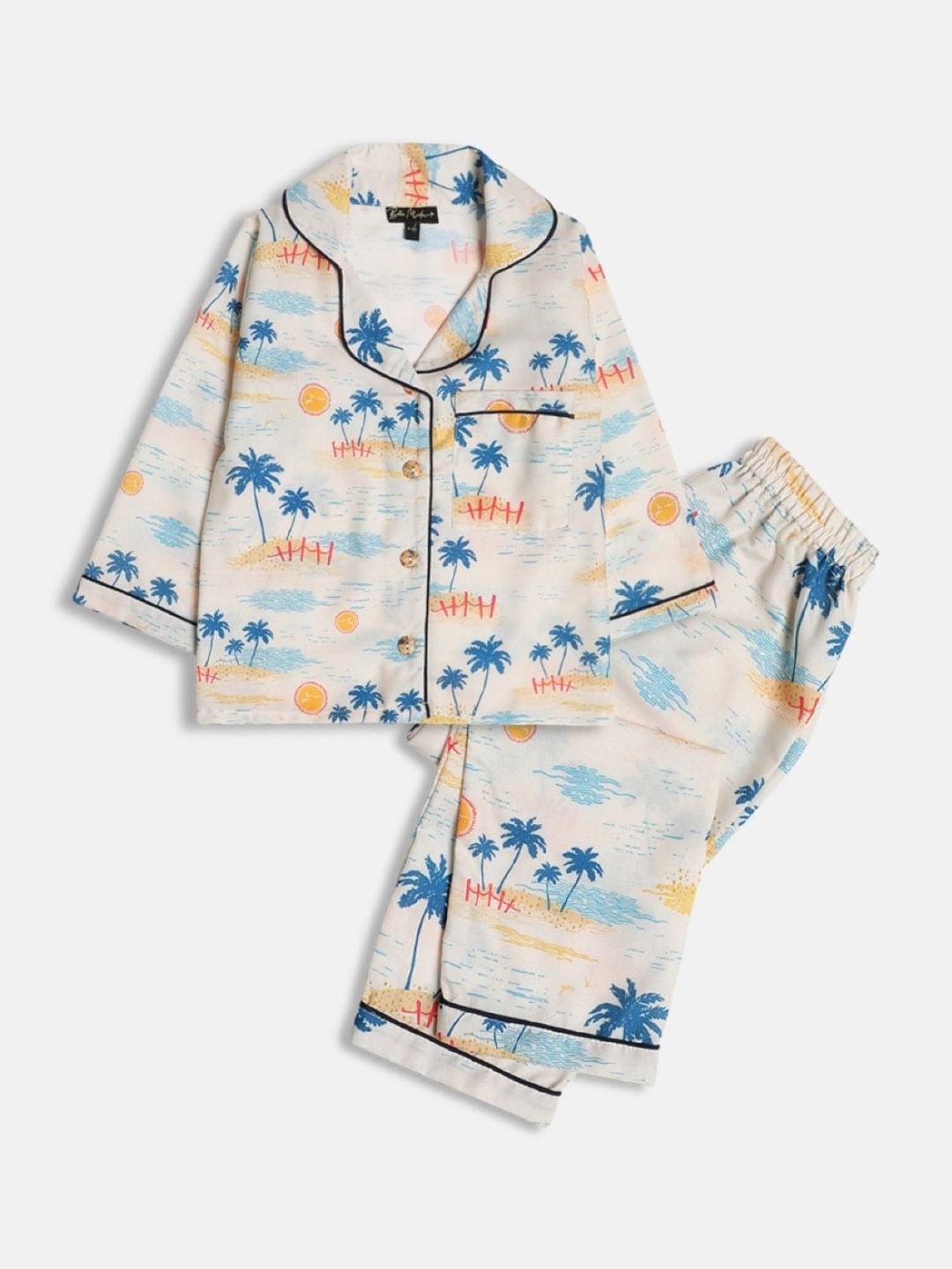

Bella Moda Kids Graphic Printed Lapel Collar Pure Cotton Night suit, White