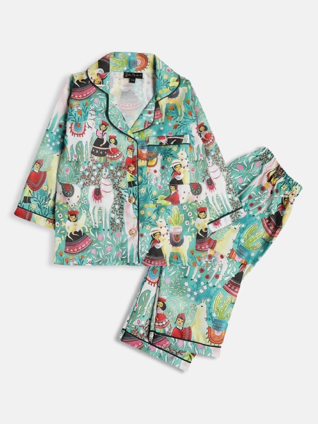 

Bella Moda Kids Graphic Printed Lapel Collar Pure Cotton Night suit, Green