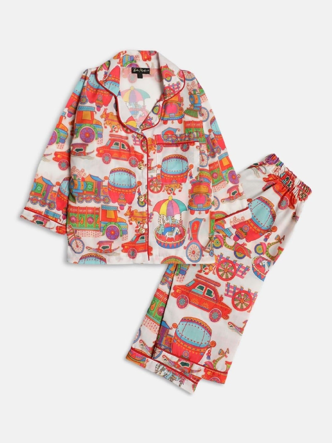 

Bella Moda Kids Conversational Printed Lapel Collar Pure Cotton Night suit, White