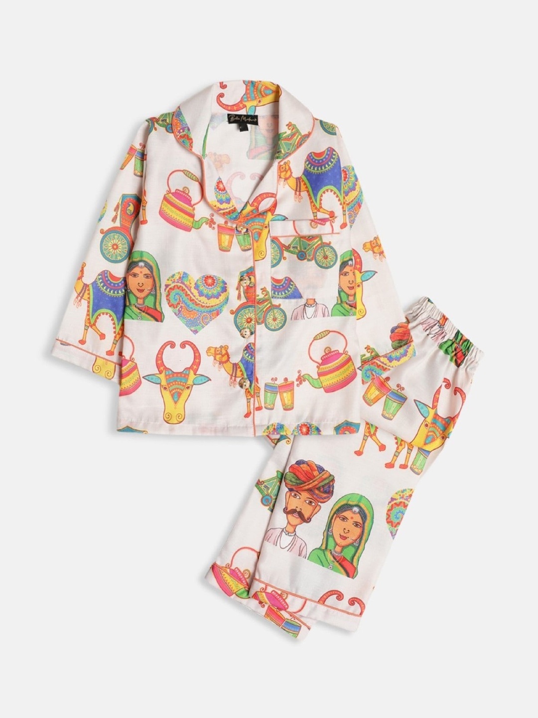 

Bella Moda Kids Graphic Printed Lapel Collar Pure Cotton Night suit, White