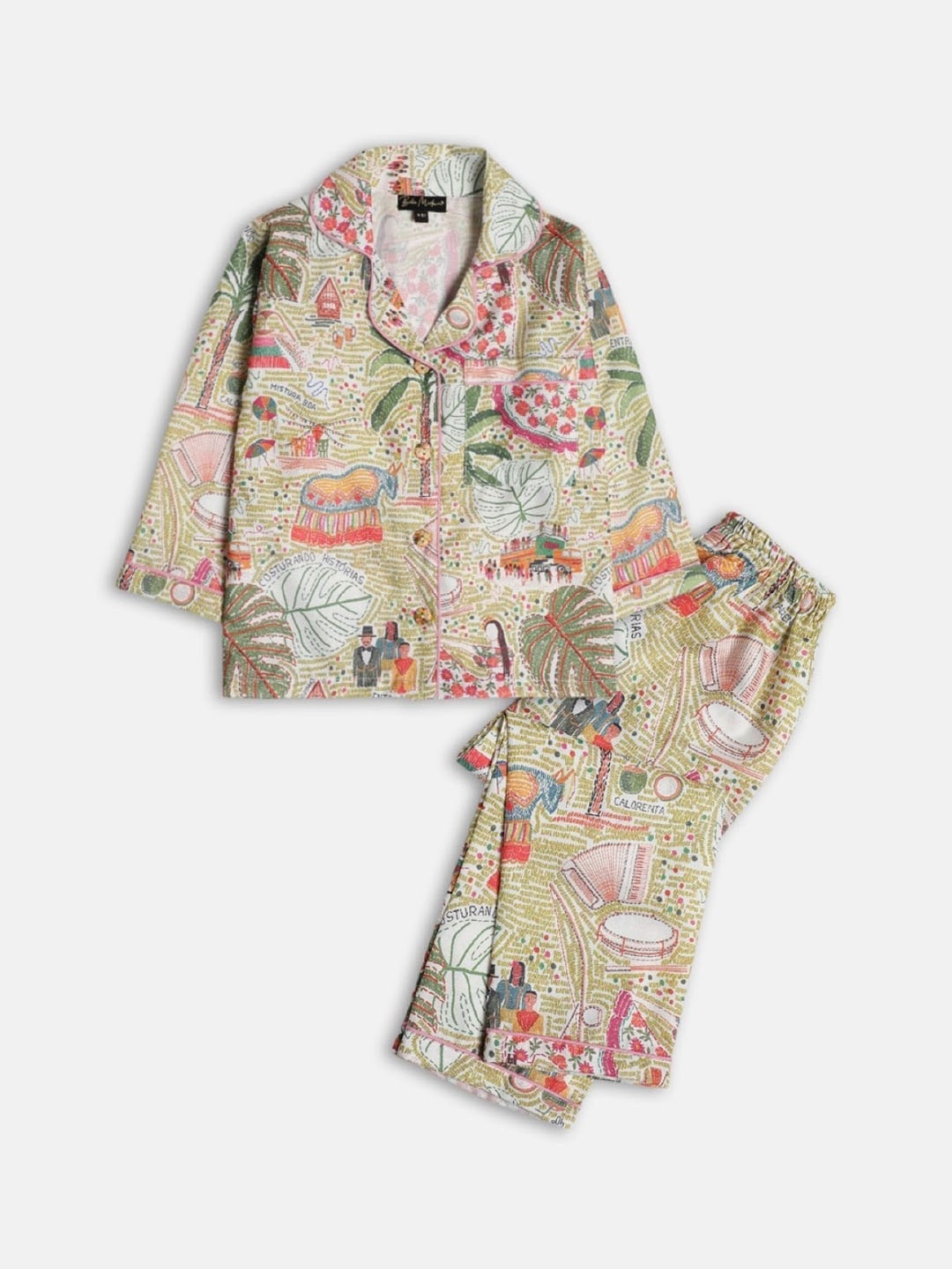 

Bella Moda Kids Graphic Printed Lapel Collar Pure Cotton Night suit, Green
